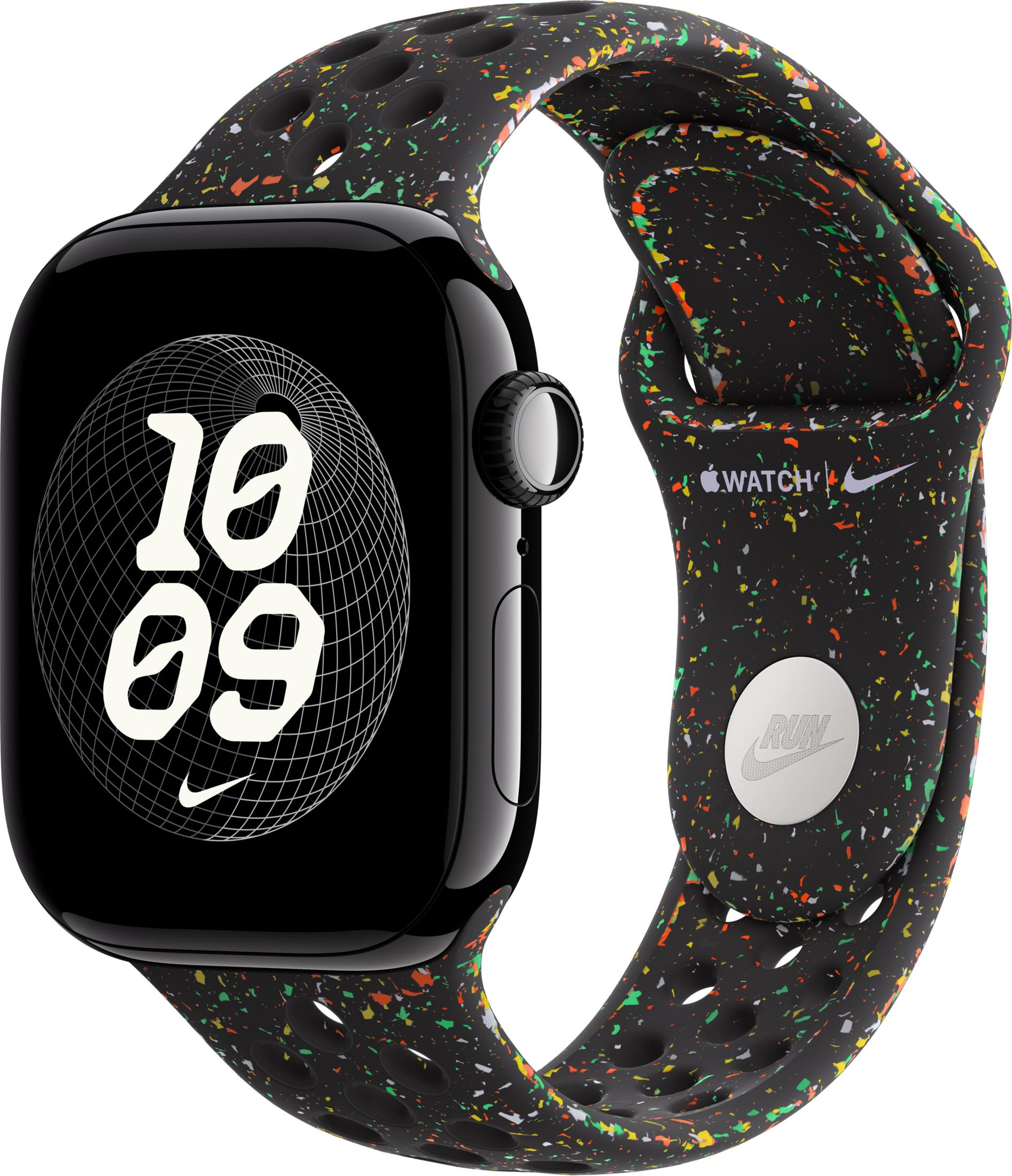 Eine schwarze Smartwatch mit buntem Armband und digitaler Anzeige.