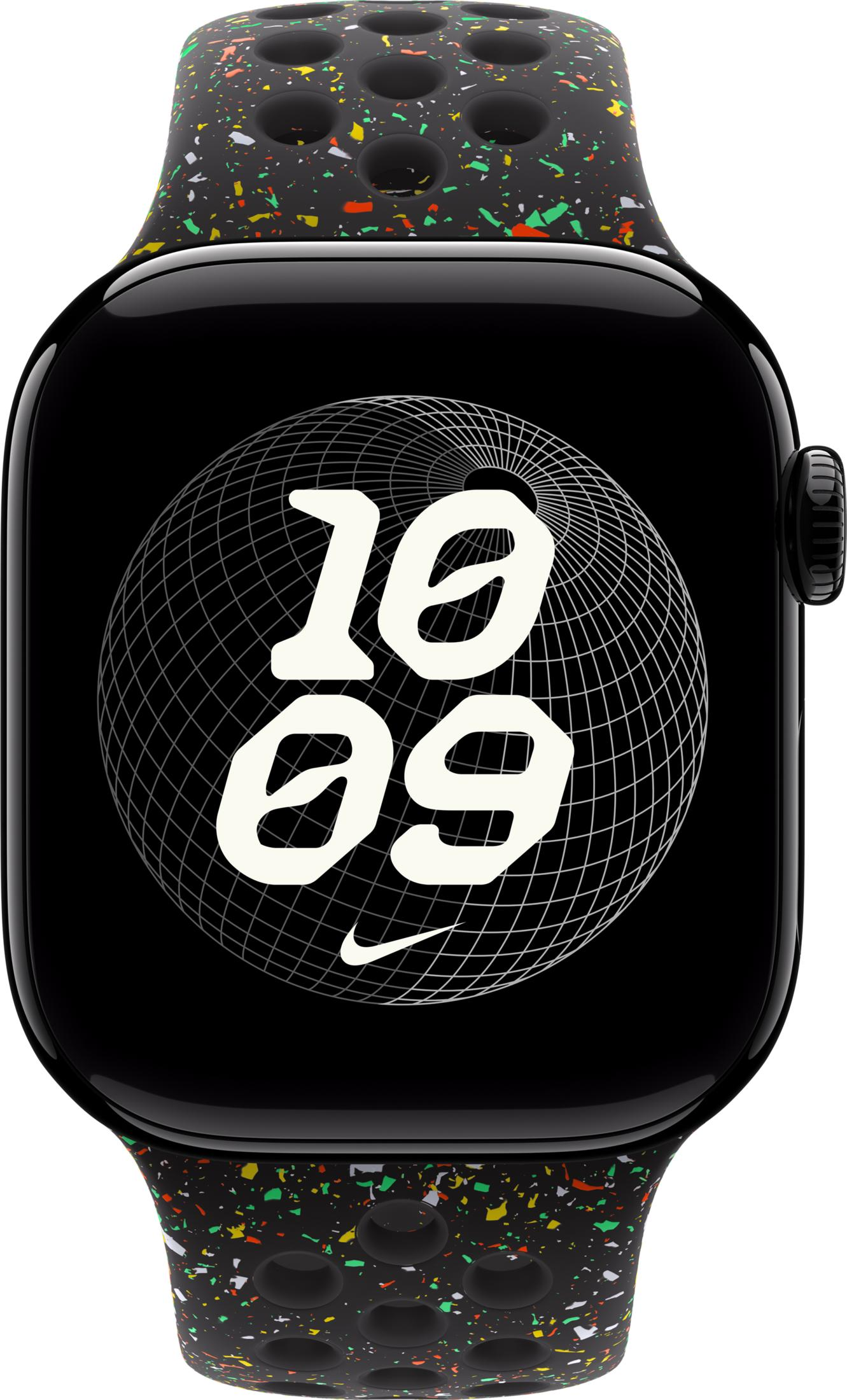Schwarze Smartwatch mit buntem Armband, Zifferblatt zeigt 10:09.