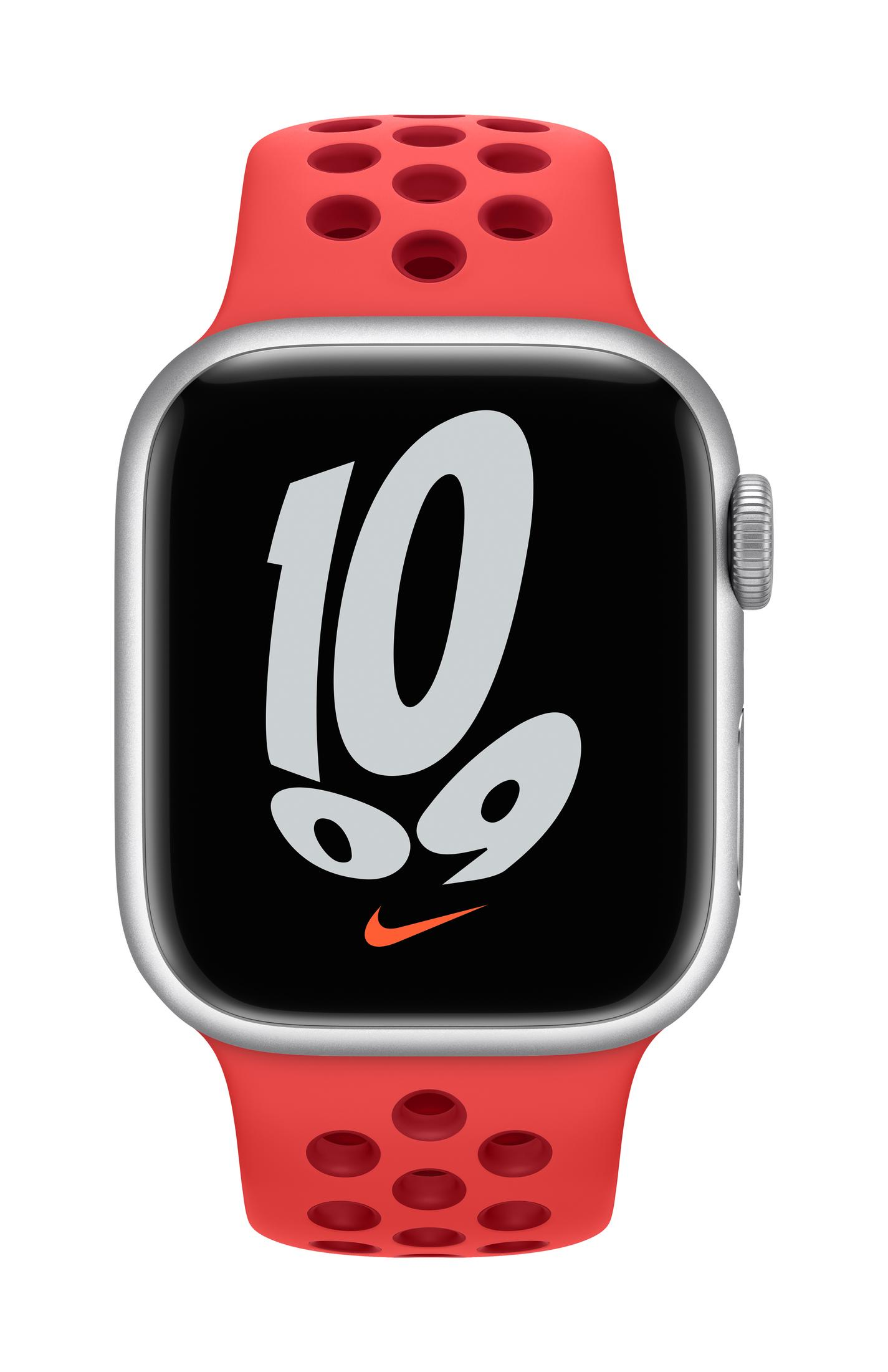 A red smartwatch with a silver case and the Nike logo on the watch face.
