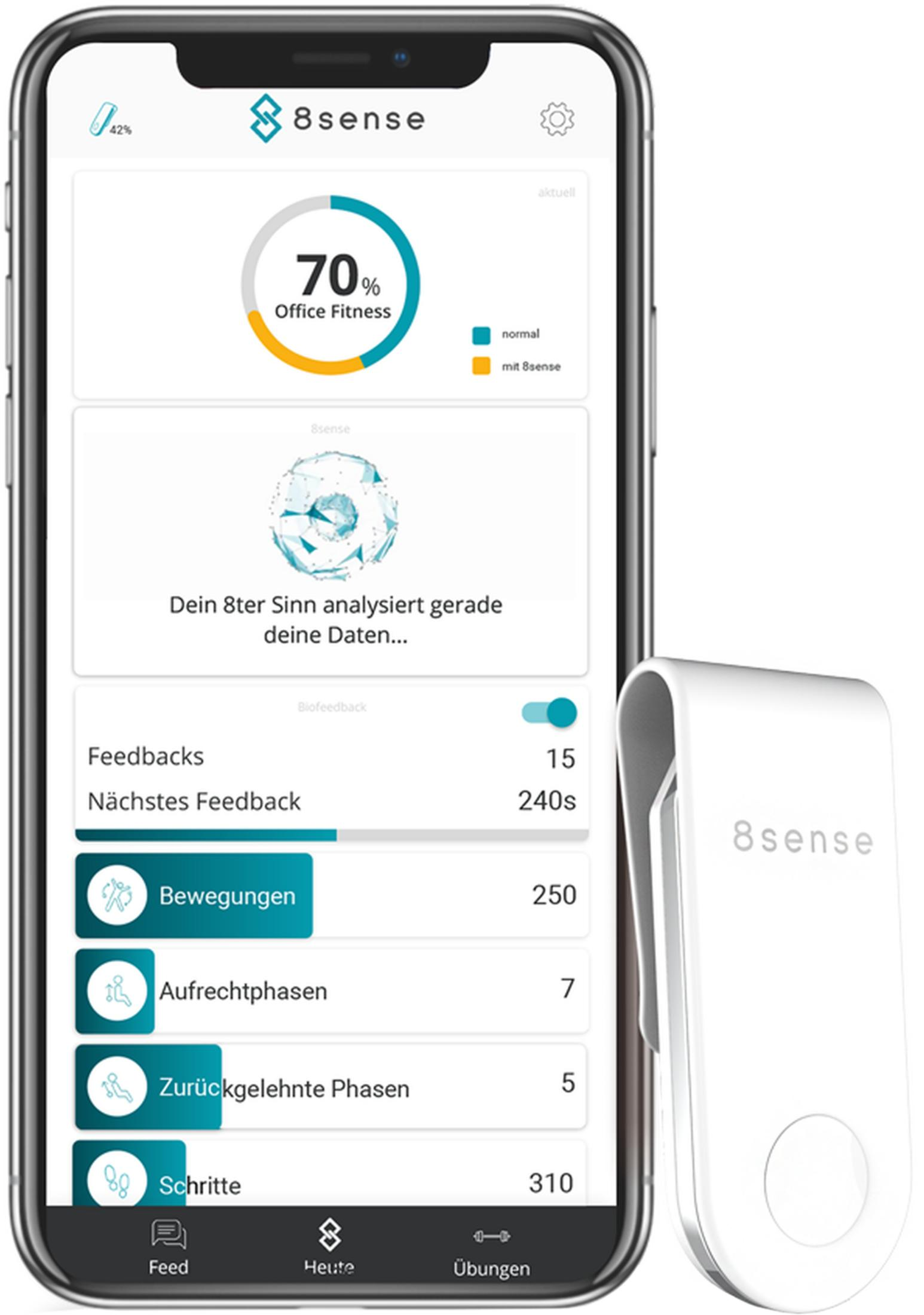 Smartphone mit 8sense App zeigt 70% Office Fitness, Analysen und Feedbackdaten.