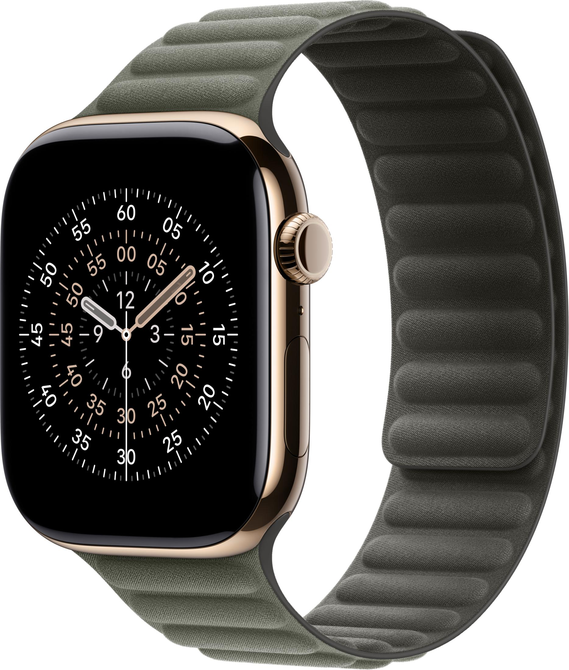 Un reloj inteligente dorado con banda verde y esfera negra.