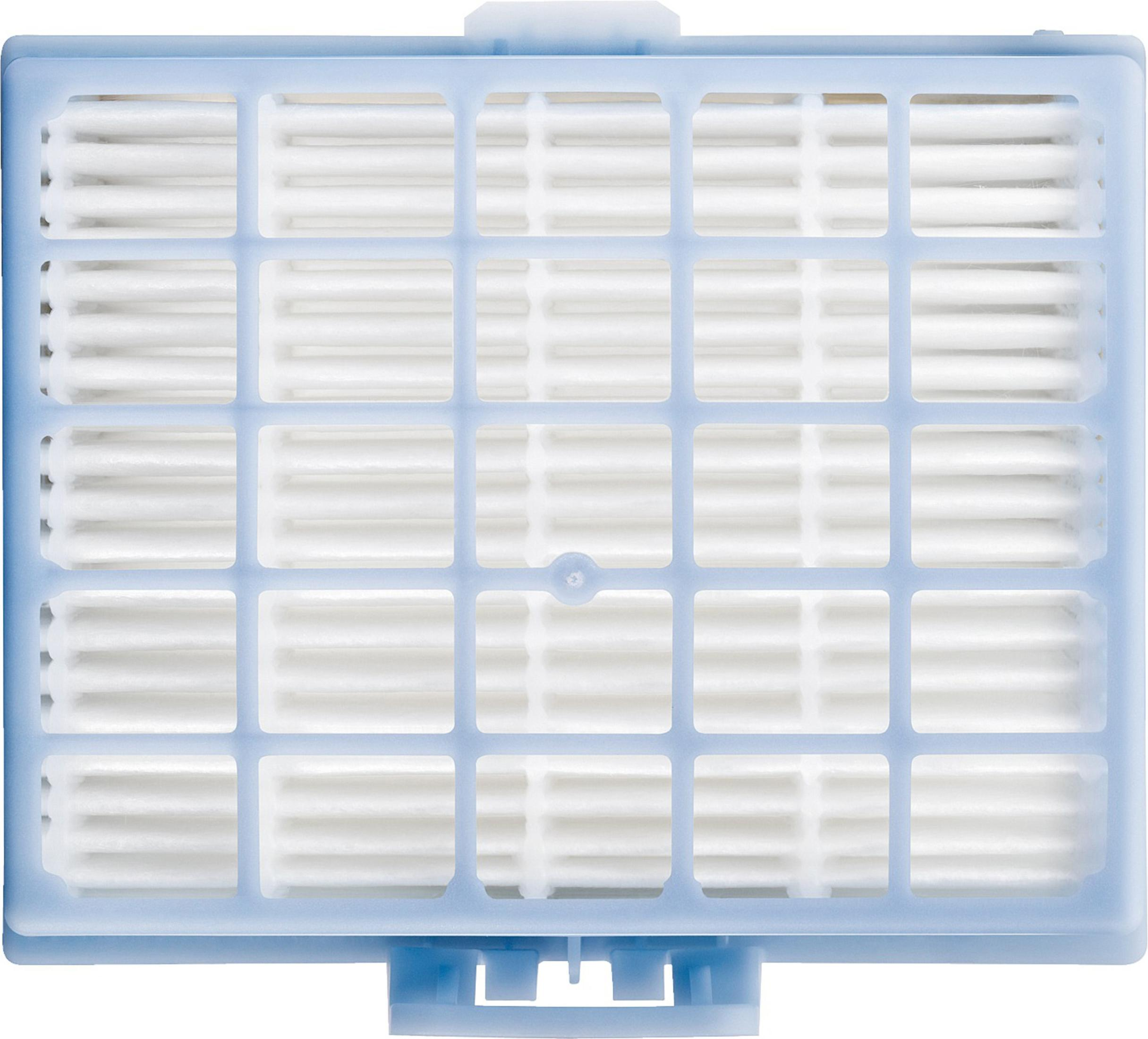 Ein blauer rechteckiger Filter mit weißen Lamellen in einem Rastermuster.