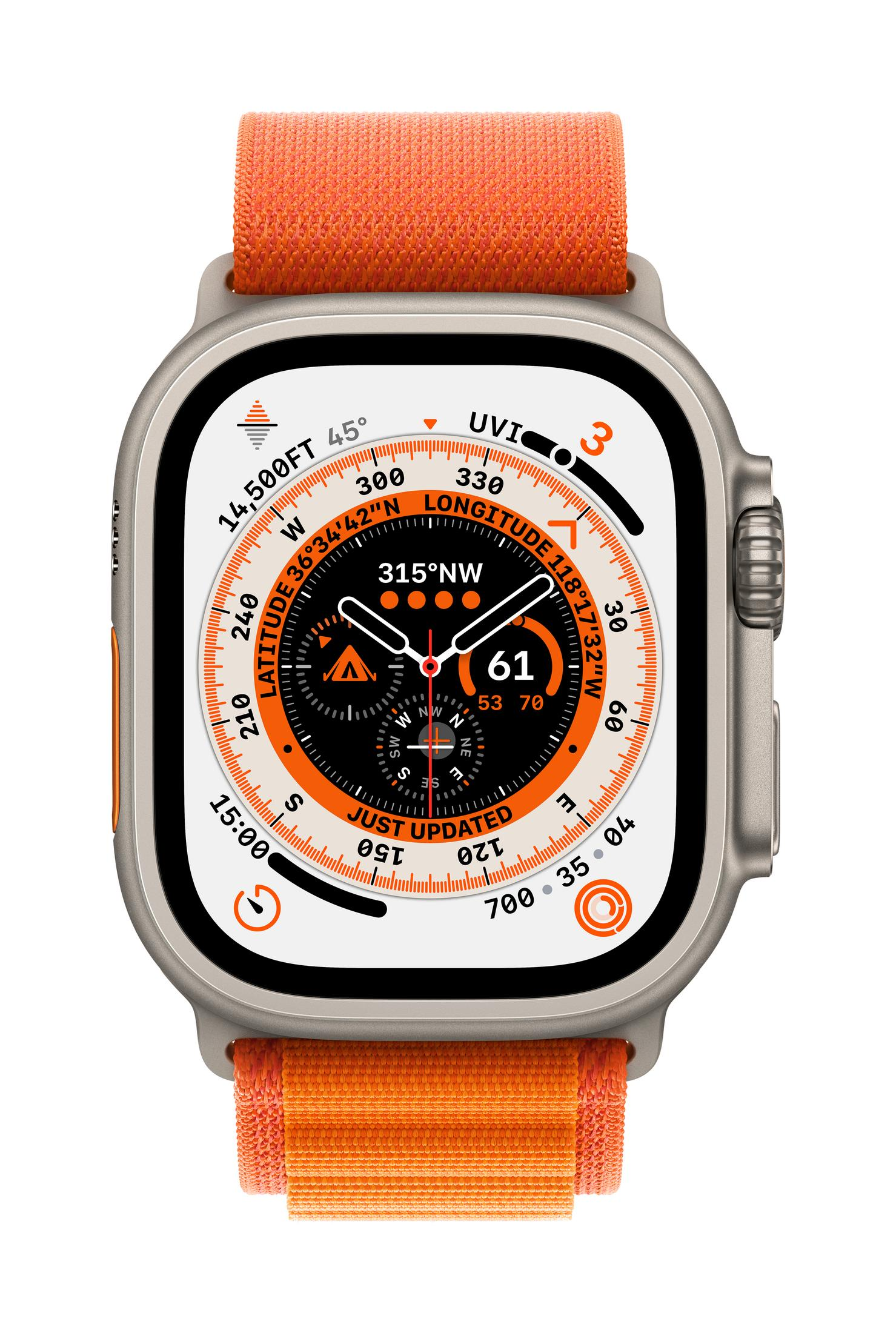 Een grijs smartwatch met oranje band en gedetailleerd wijzerplaat.