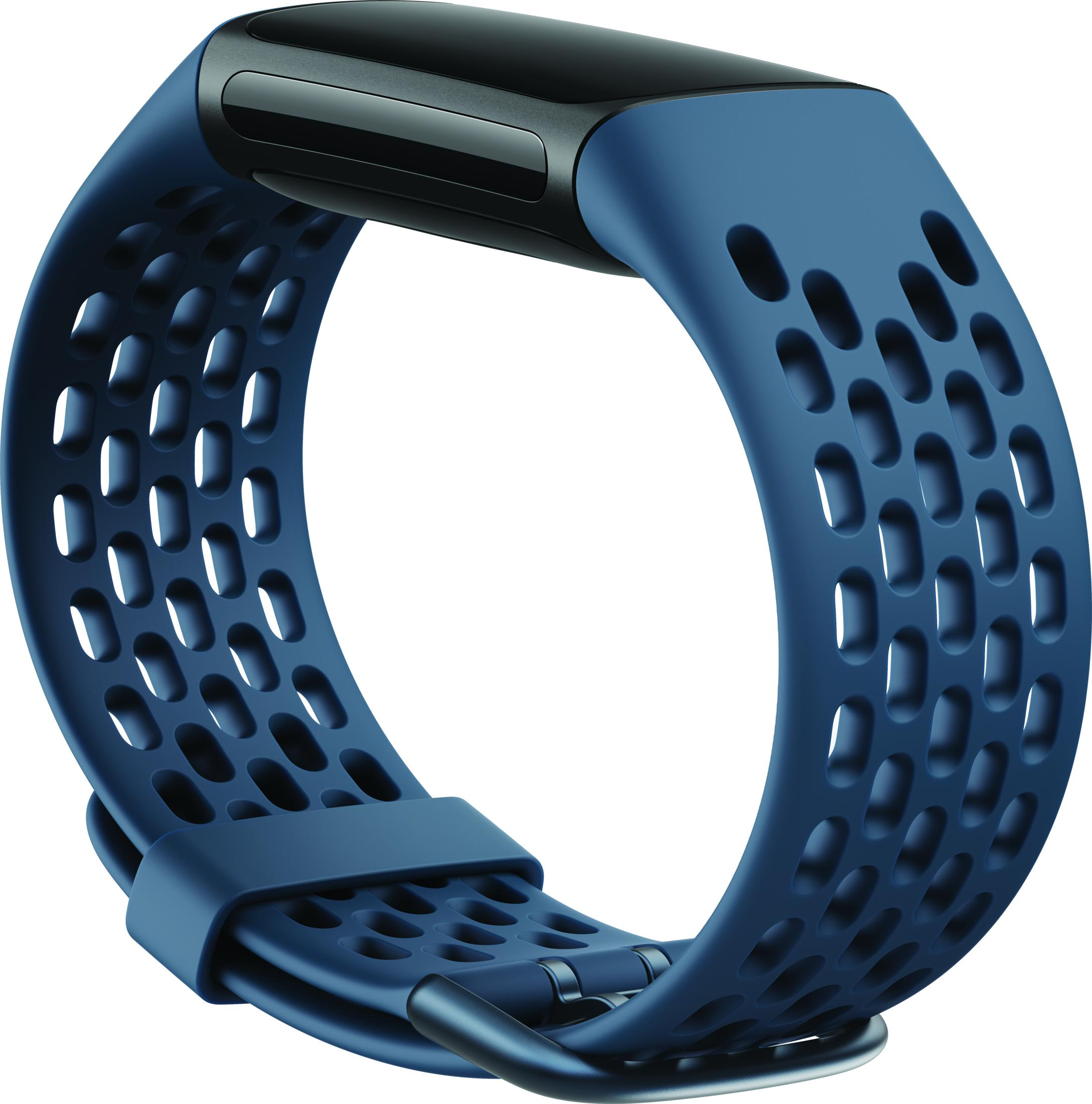Dunkelblaues Armband mit ovalen Aussparungen und schwarzem Display.