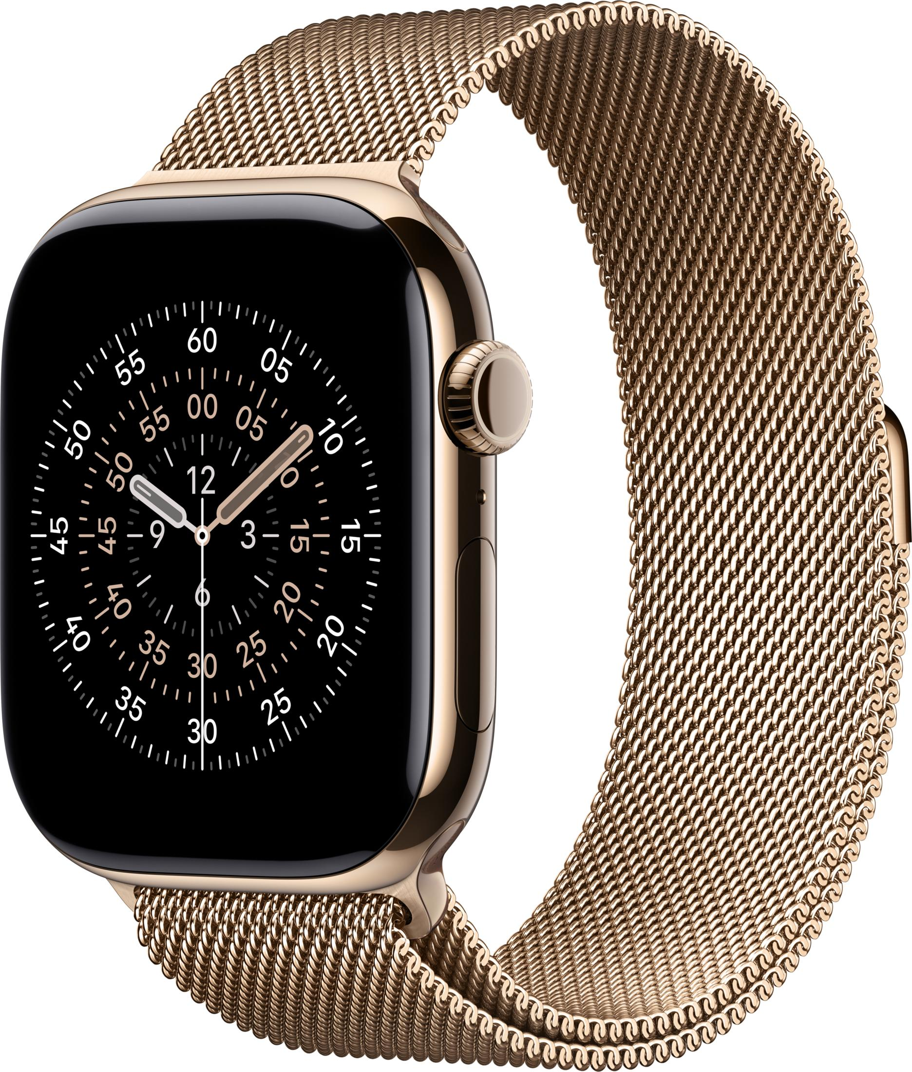 Złoty smartwatch z siatkową bransoletą i czarną tarczą.