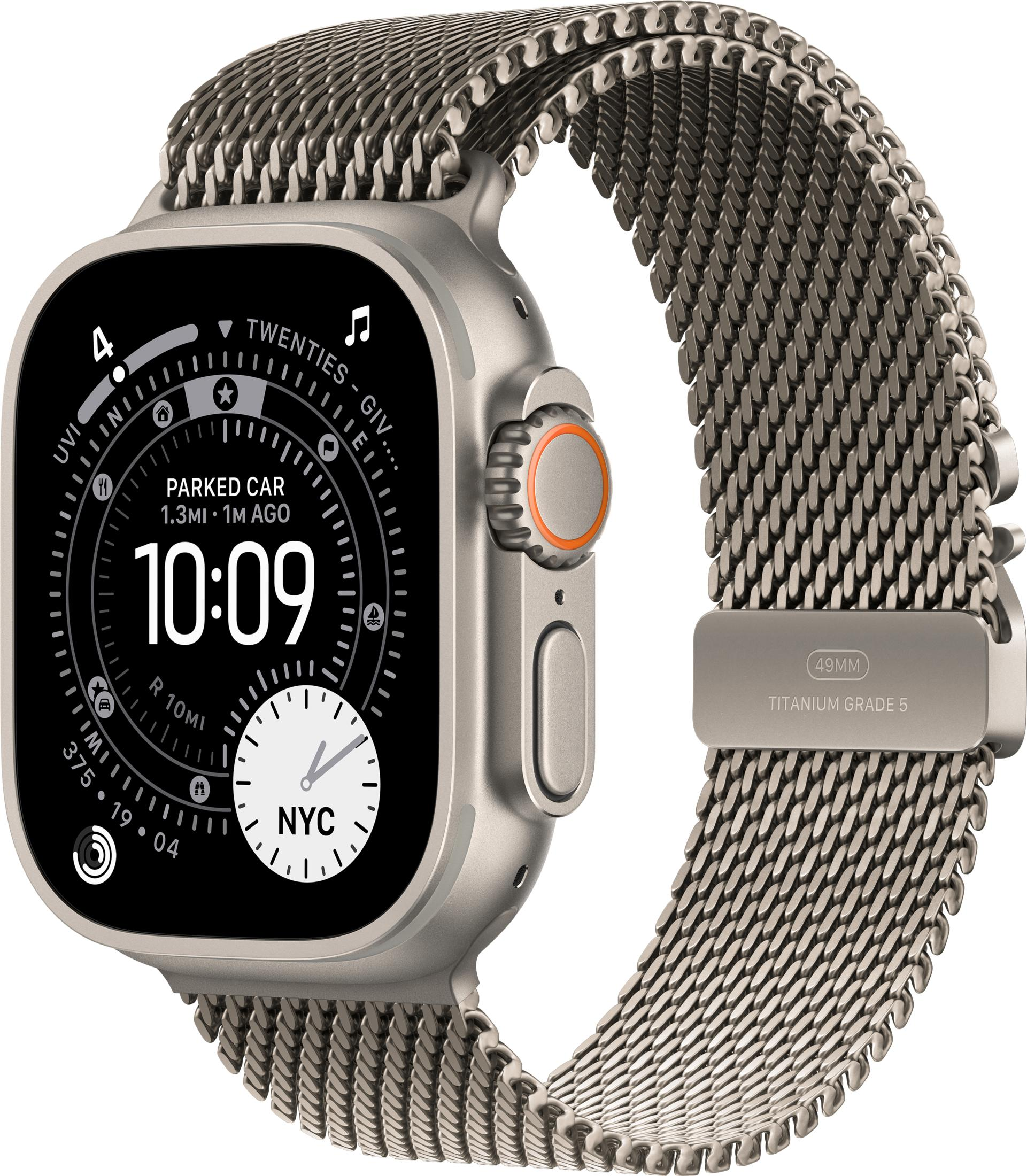 Montre connectée argentée avec bracelet milanais, affichant 10h09 et l'heure de NYC.