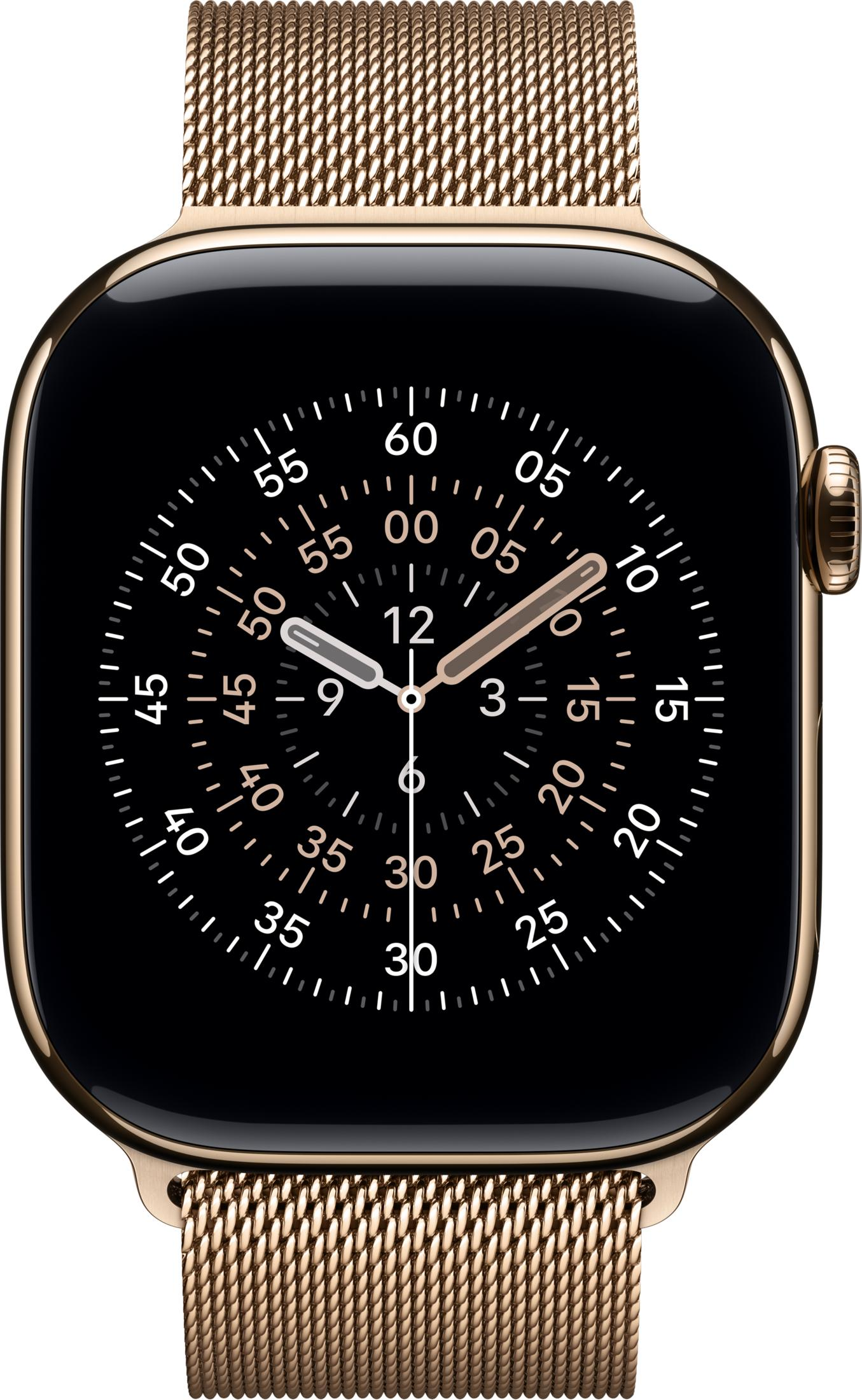 Złoty Apple Watch z czarnym ekranem pokazującym tarczę chronografu.