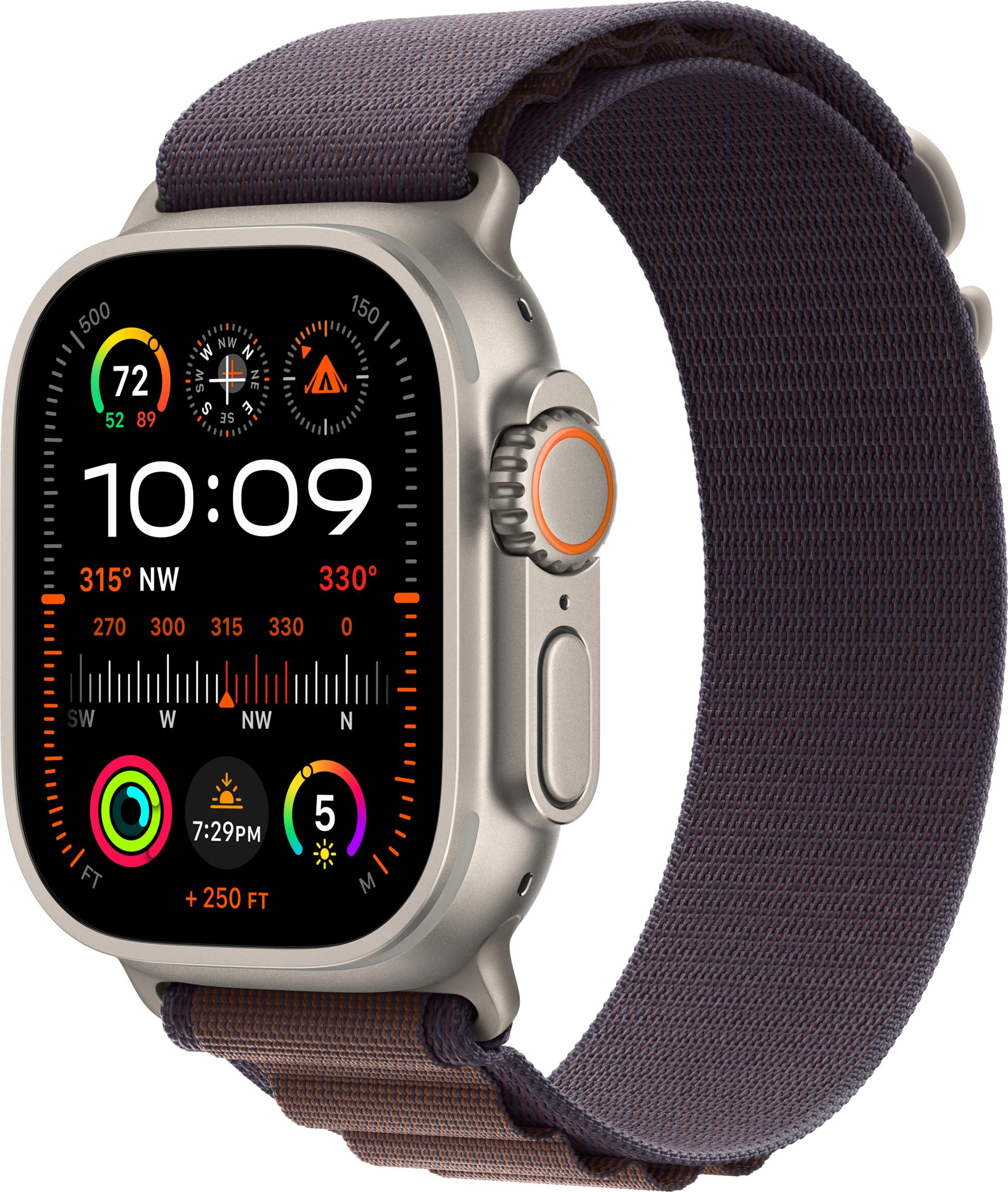 Graue Smartwatch mit silbernem Gehäuse und dunklem Stoffarmband. Zeigt 10:09 Uhr an.