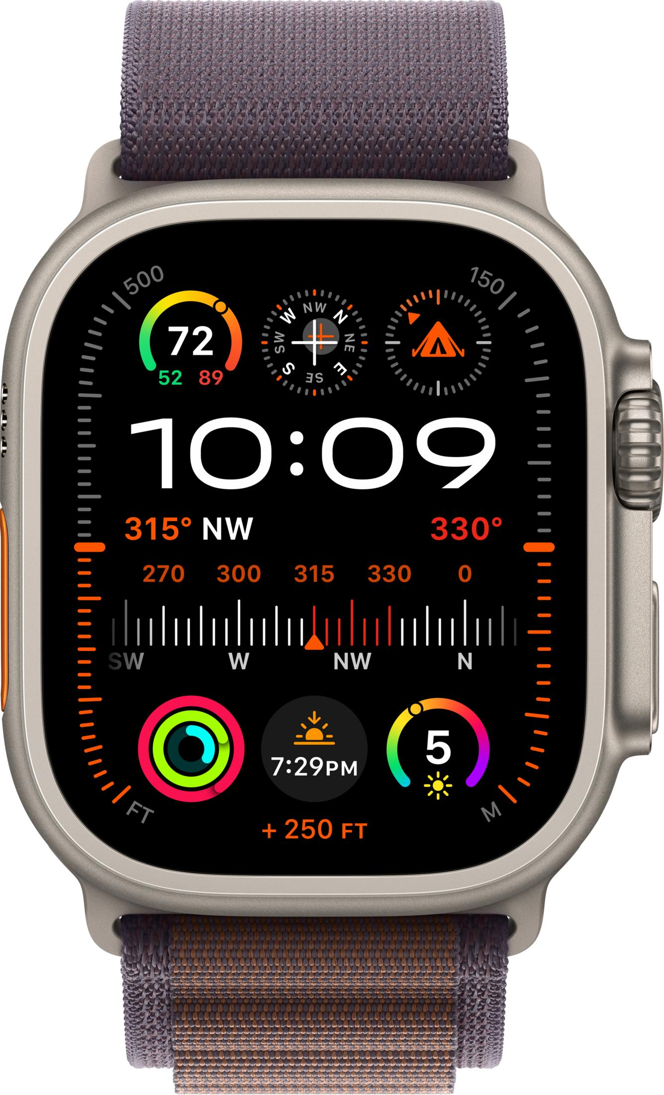 Eine Smartwatch mit einem Zifferblatt, das die Zeit, Kompass und Fitnessdaten anzeigt.