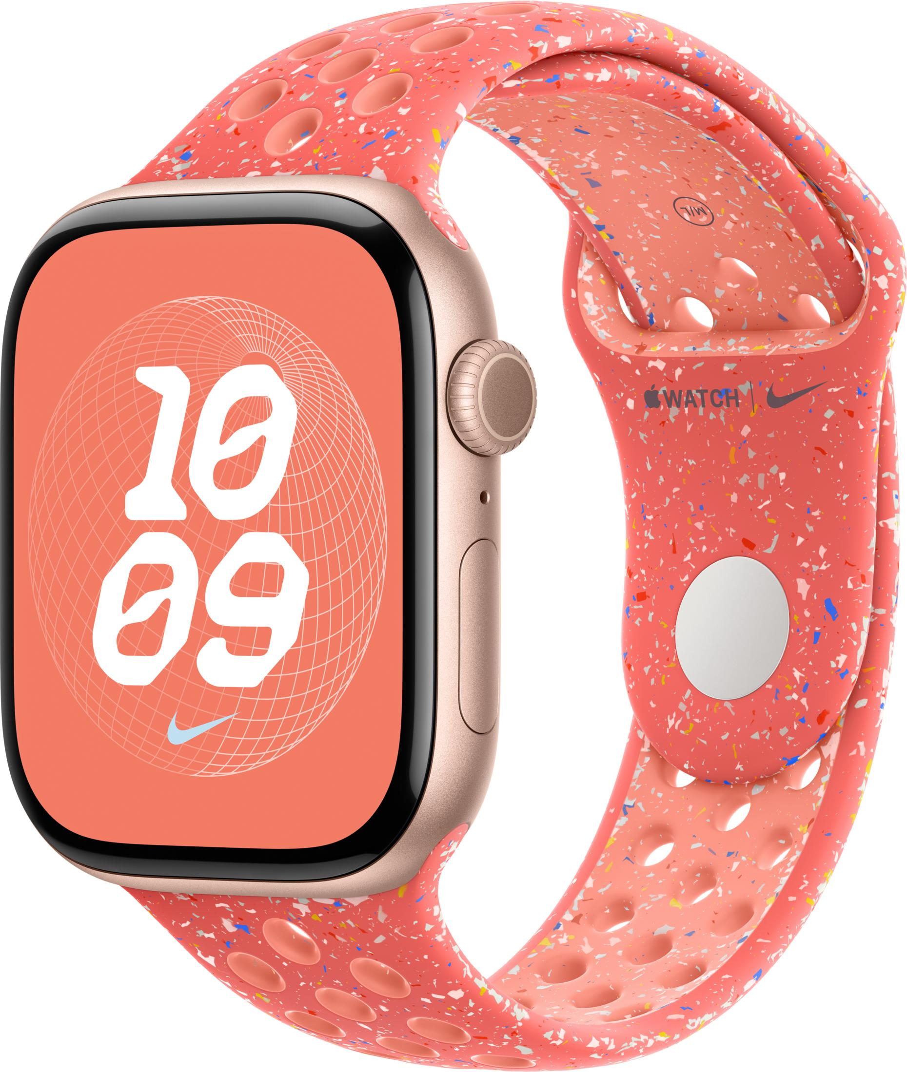 Un Apple Watch color corallo con cinturino screziato e quadrante.
