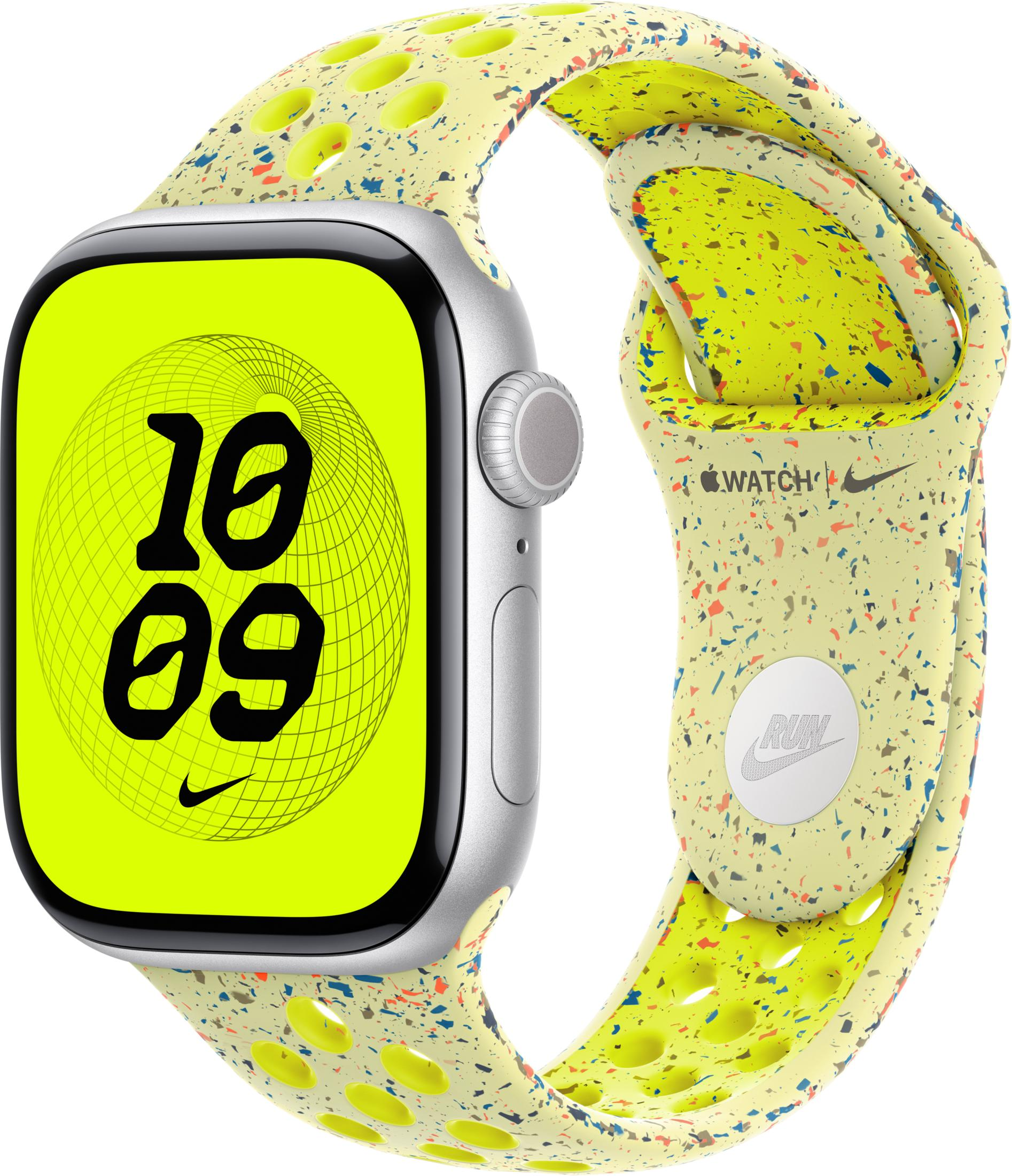 Smartwatch plateada con correa amarilla y detalles salpicados de colores.