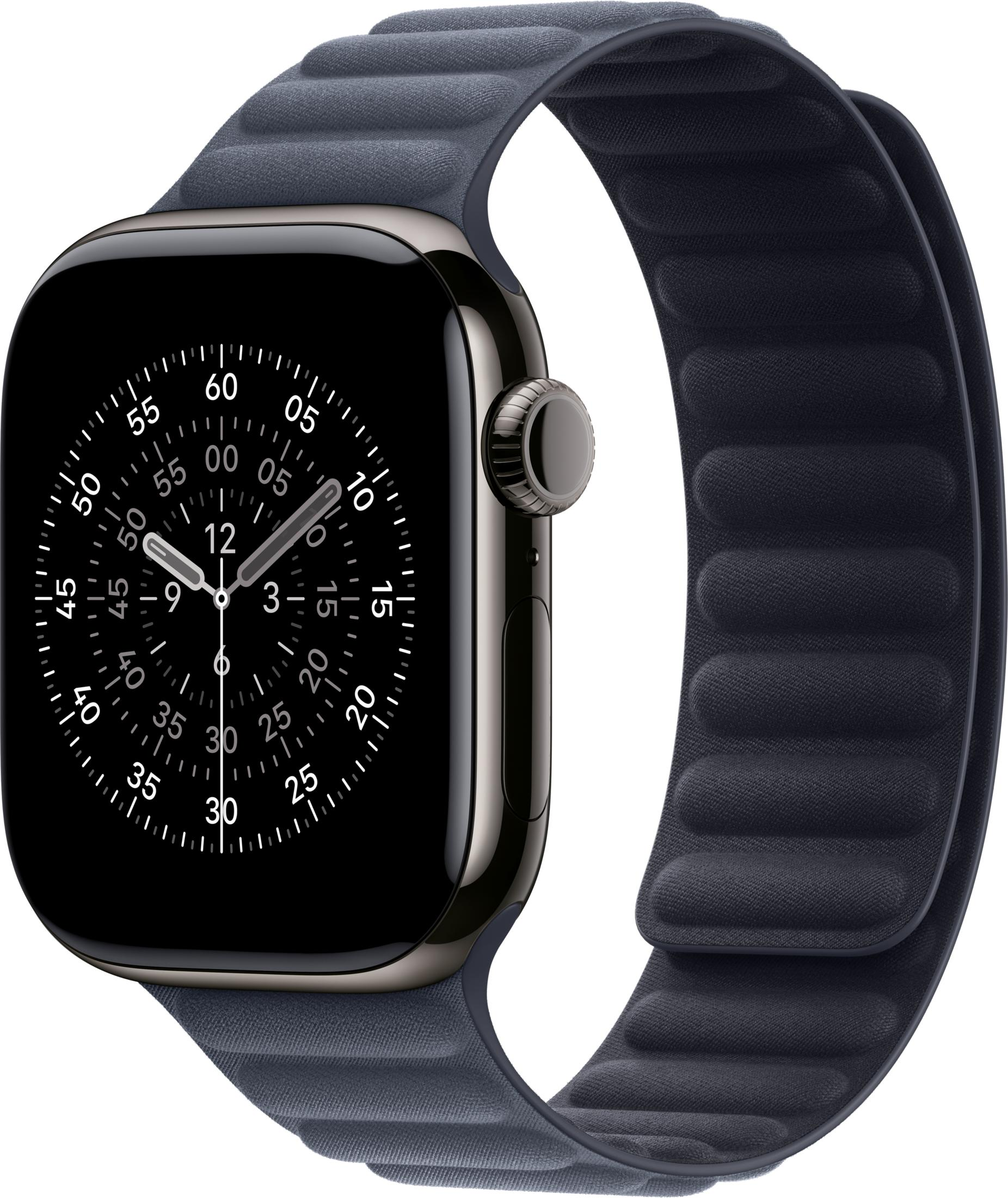 Uno smartwatch scuro con quadrante nero e cinturino in tessuto grigio.