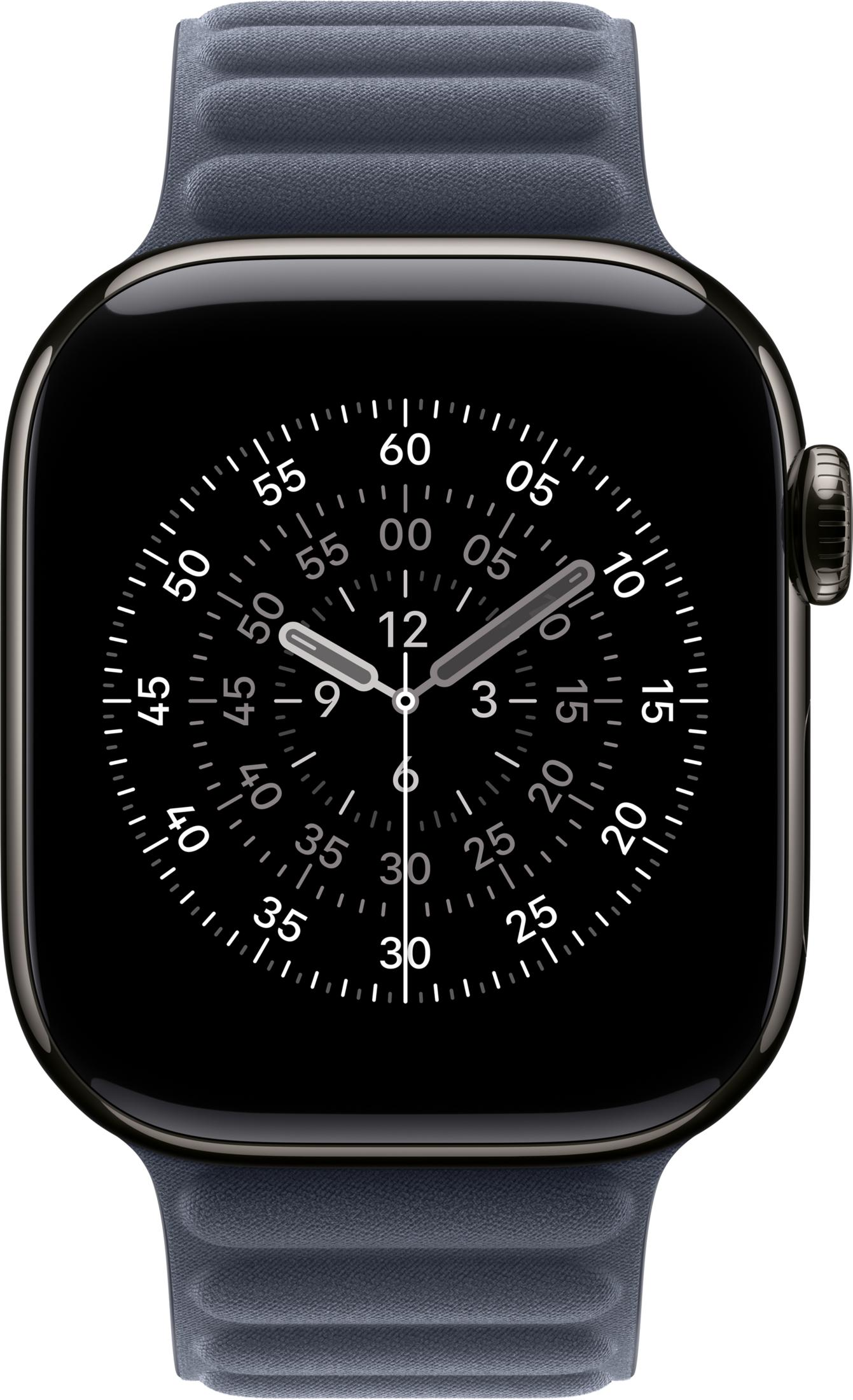 Uno smartwatch blu grigiastro con quadrante nero e segni bianchi.