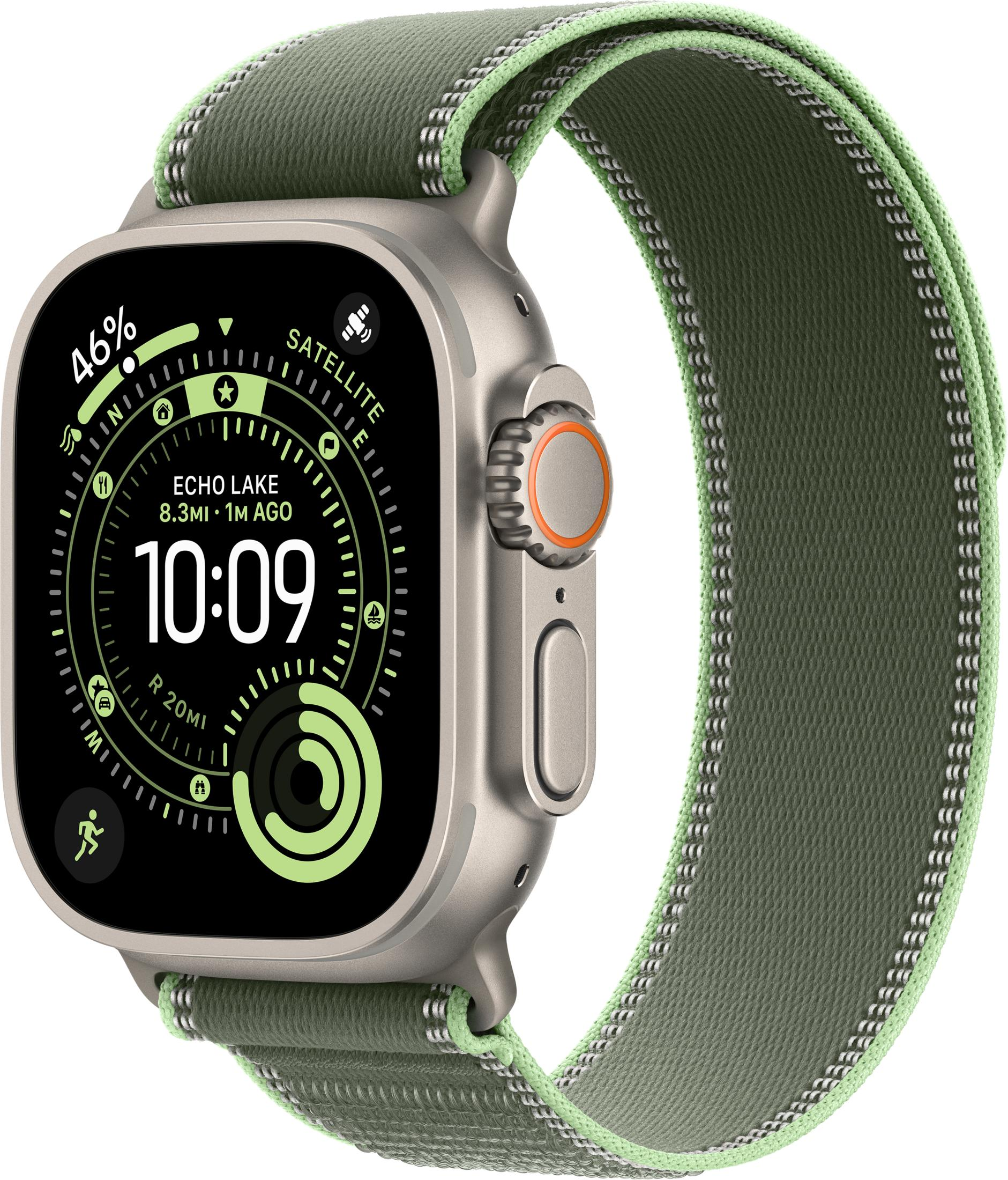 Uno smartwatch argentato con cinturino verde mostra l'ora 10:09 e dati di attività.