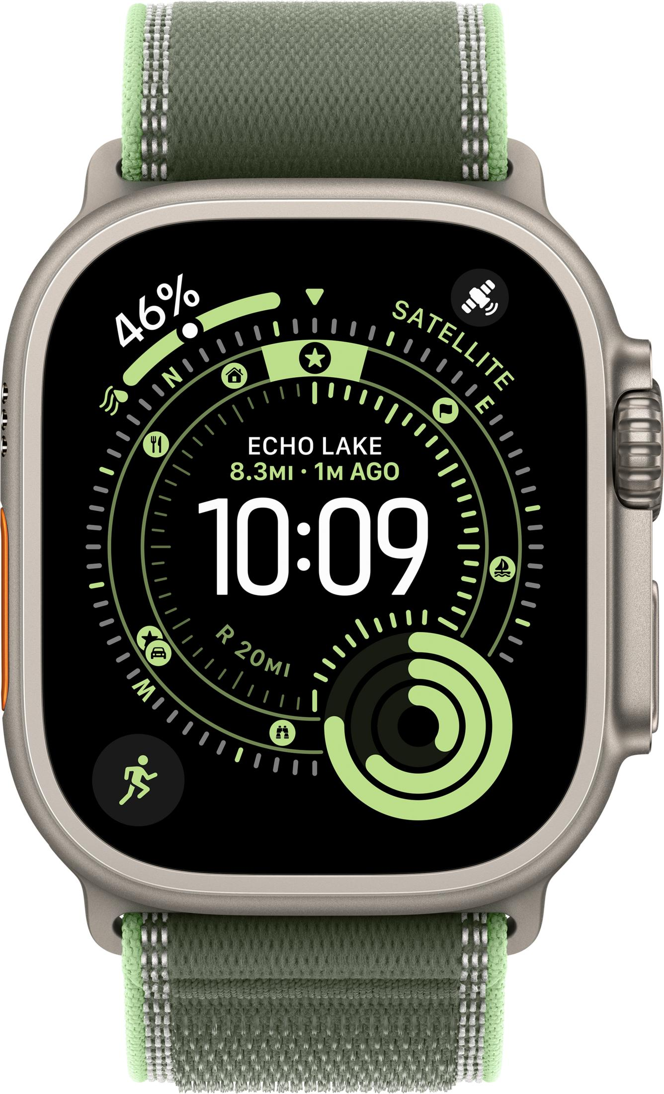 Uno smartwatch con cinturino verde mostra 46% batteria, ore 10:09 e segnale satellitare.