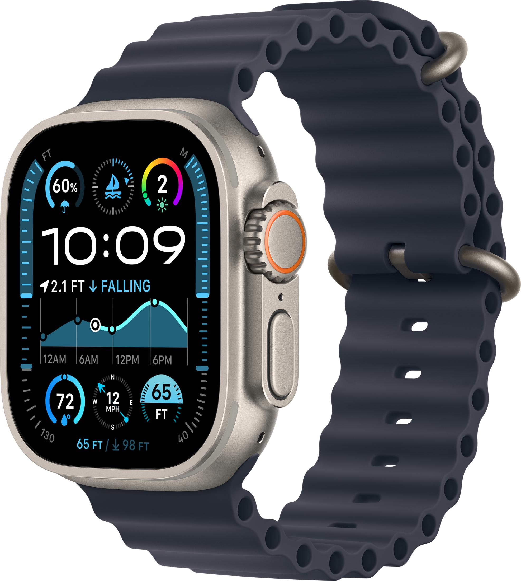 Silberne Smartwatch mit dunklem Armband, zeigt 10:09 Uhr, Wetter und Fitnessdaten.