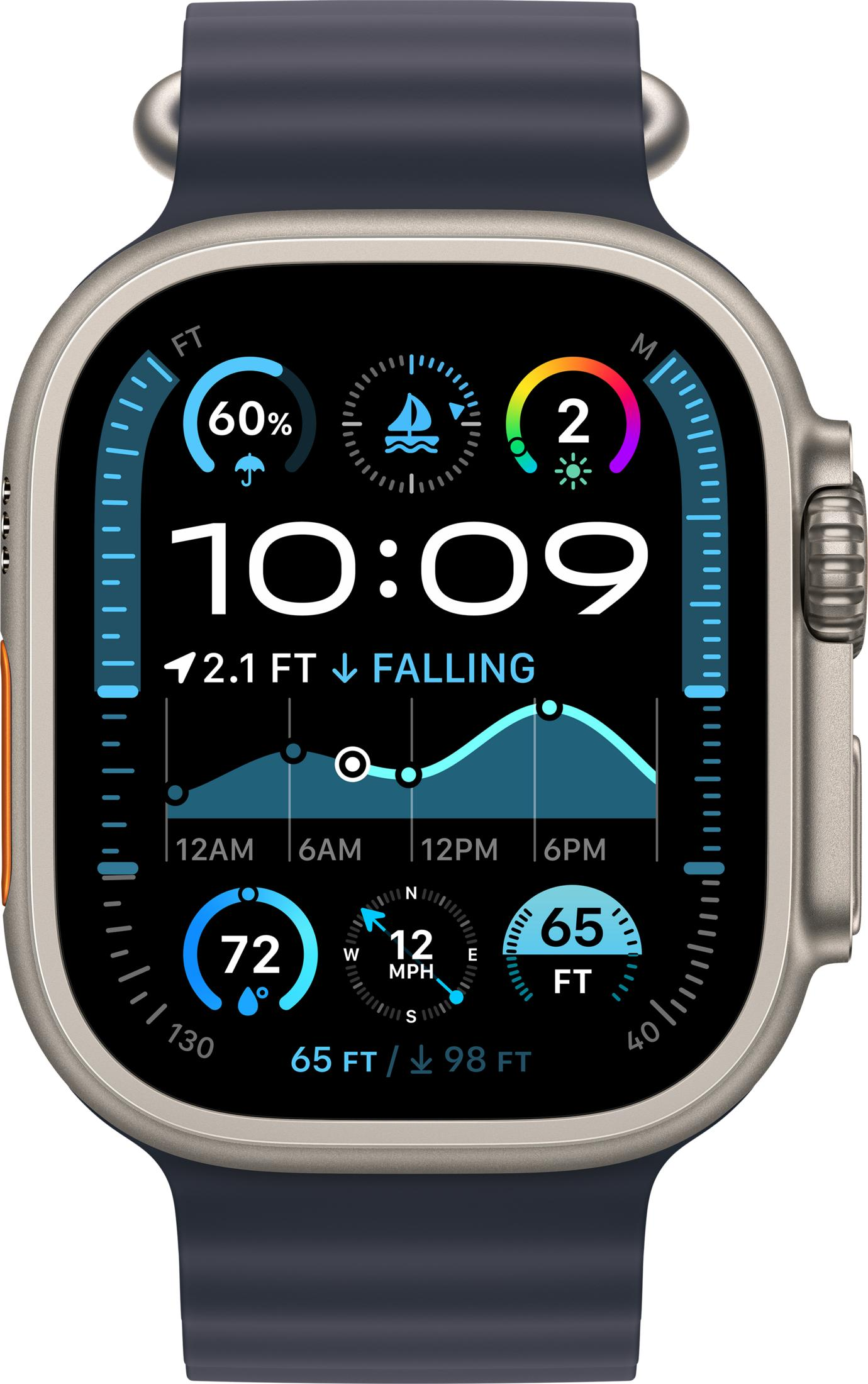 Eine Smartwatch zeigt 10:09, Wetter, Höhe und Geschwindigkeit an.