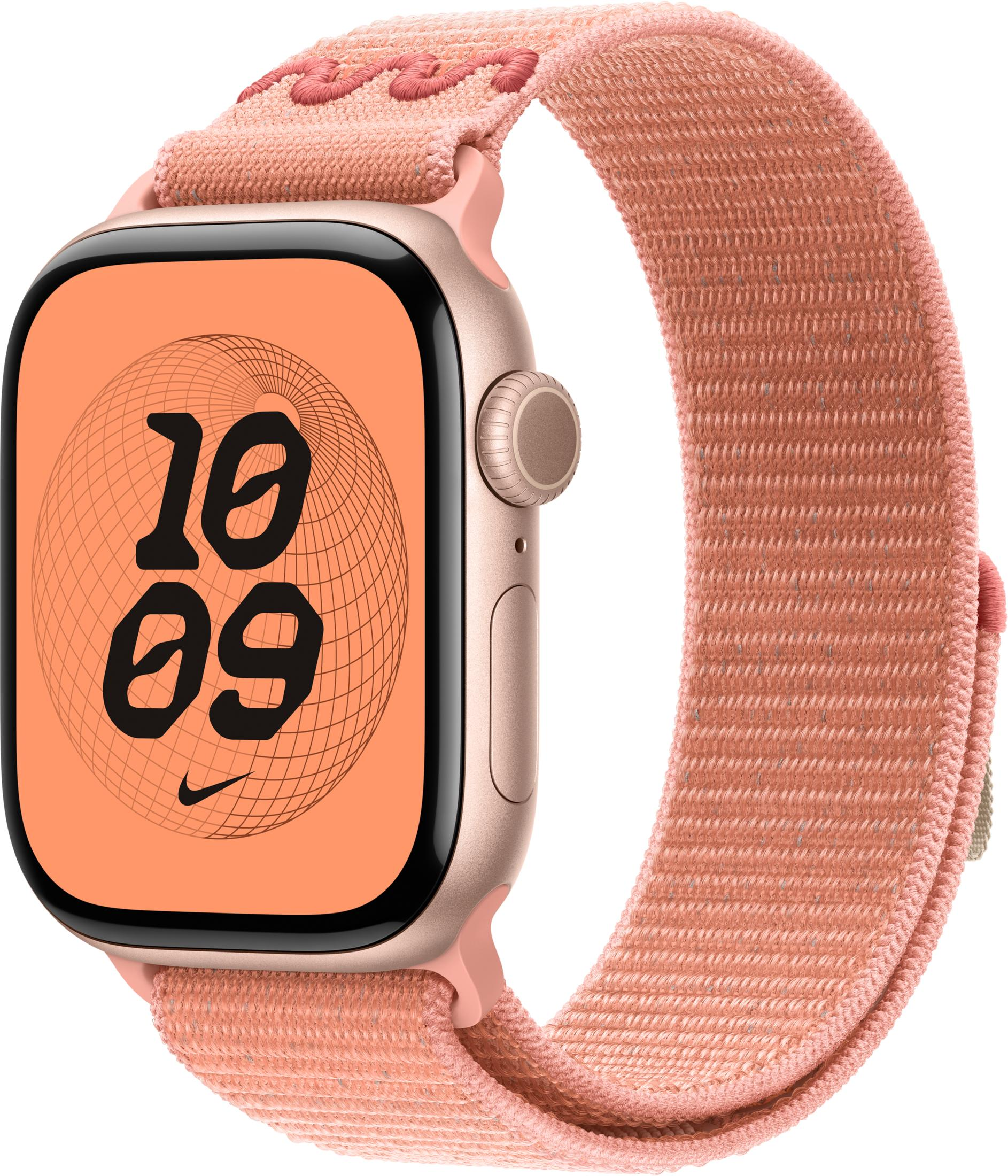 Un Apple Watch oro rosa con cinturino in tessuto mostra le 10:09.