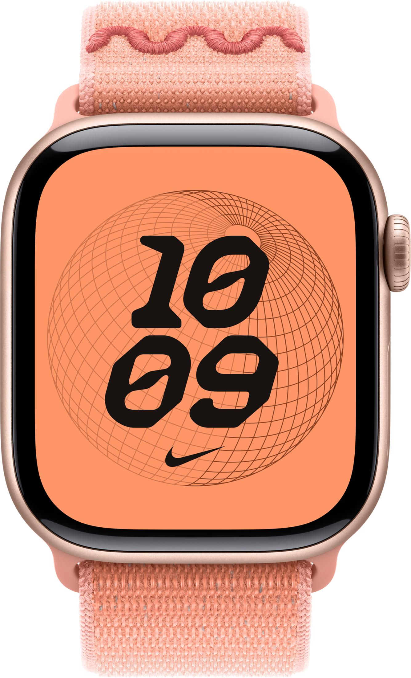 Uno smartwatch rosa con quadrante arancione che mostra "10 09" e una griglia.