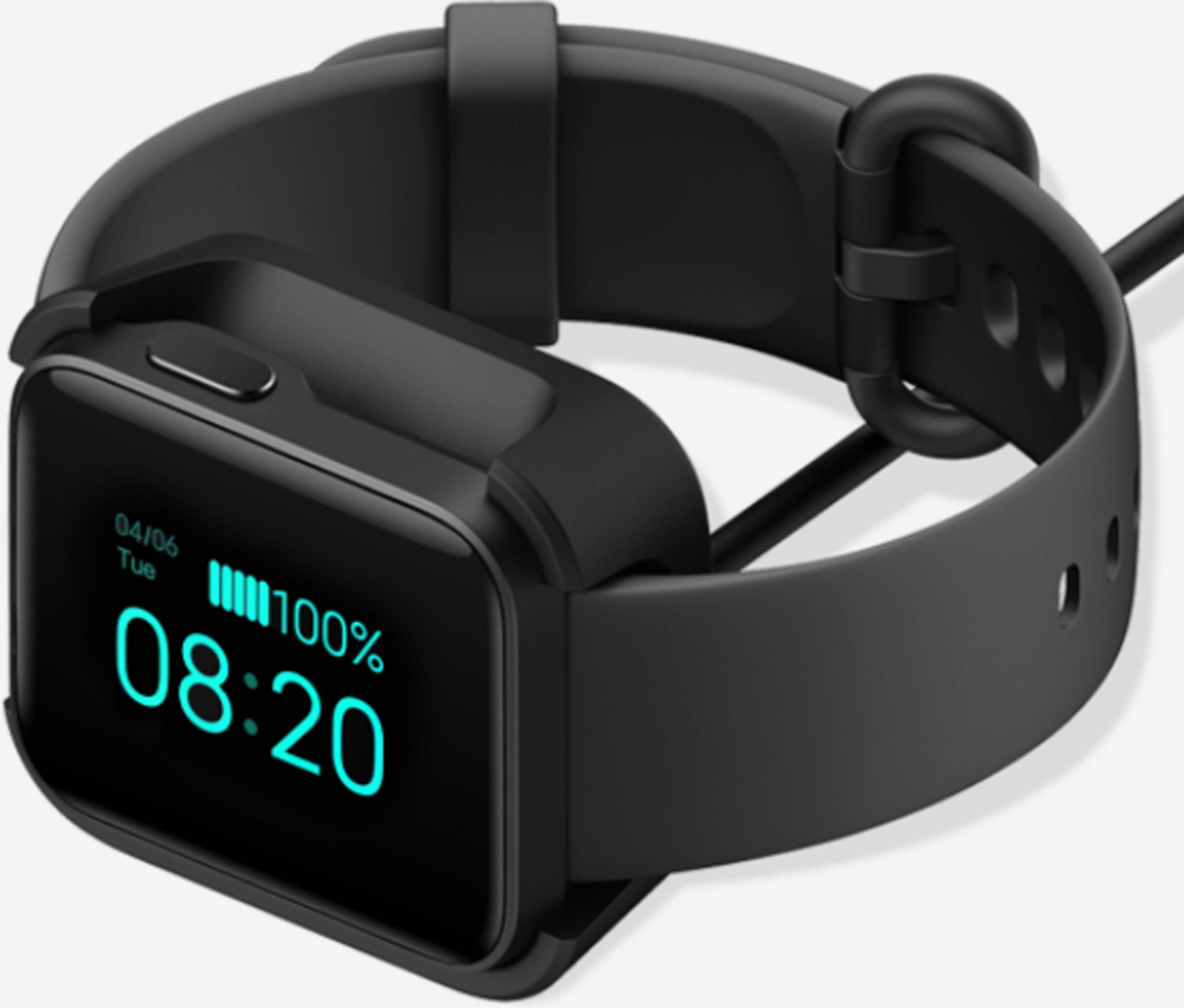 Schwarze Smartwatch mit vollem Akku und Uhrzeit 08:20.