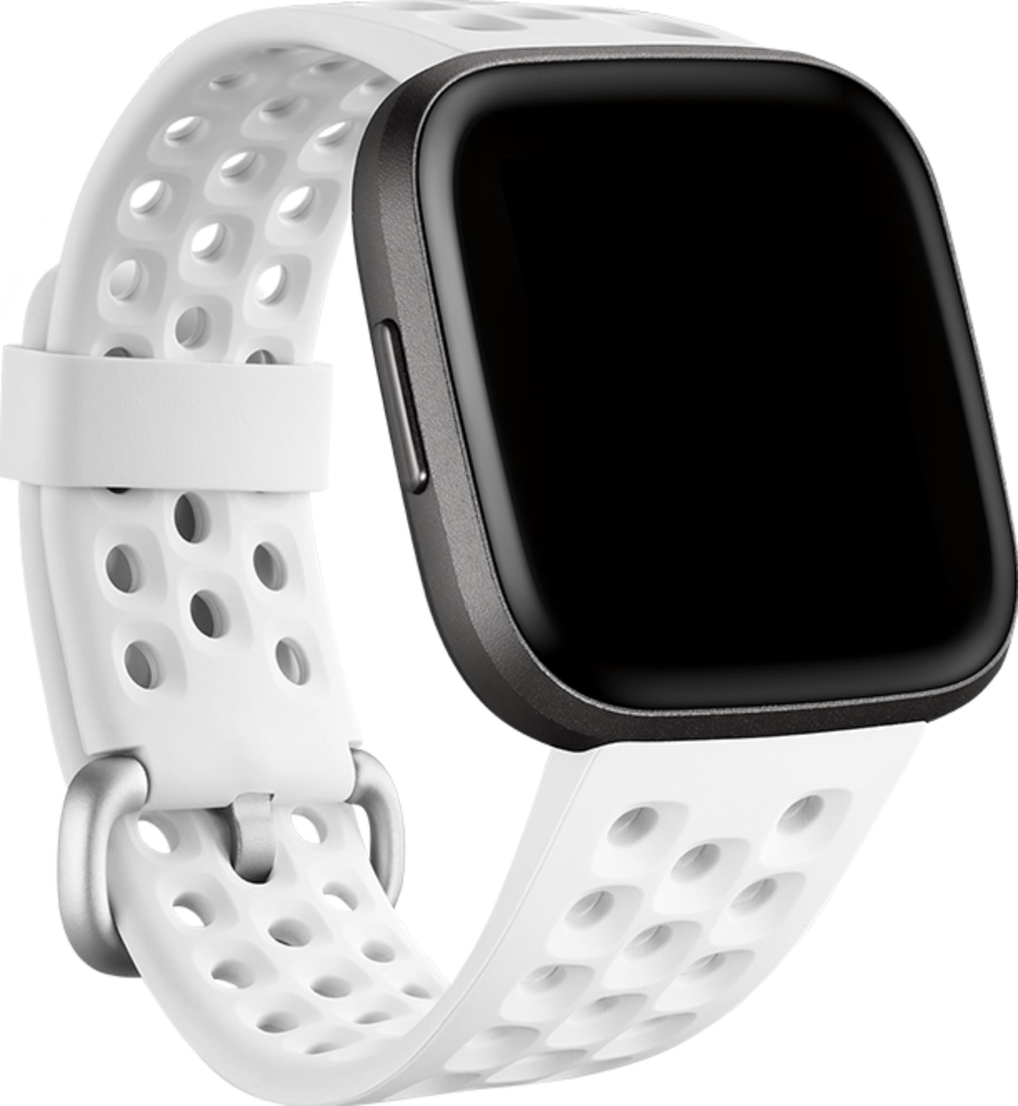 Ein schlankes, rechteckiges Smartwatch-Display mit schwarzem Bildschirm und einem weißen perforierten Armband.