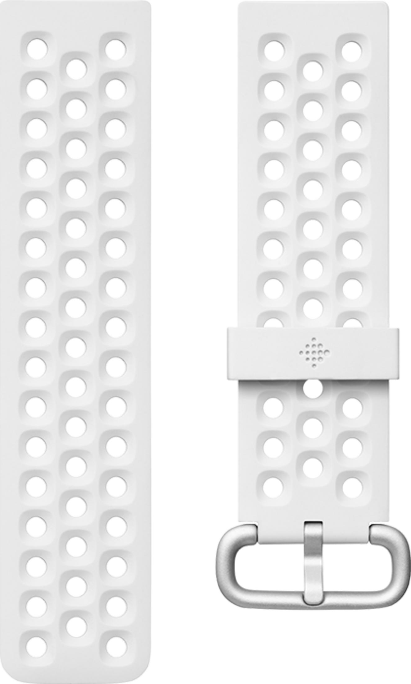 Zwei weiße Uhrenarmbänder mit Lochmuster und silberner Schnalle.