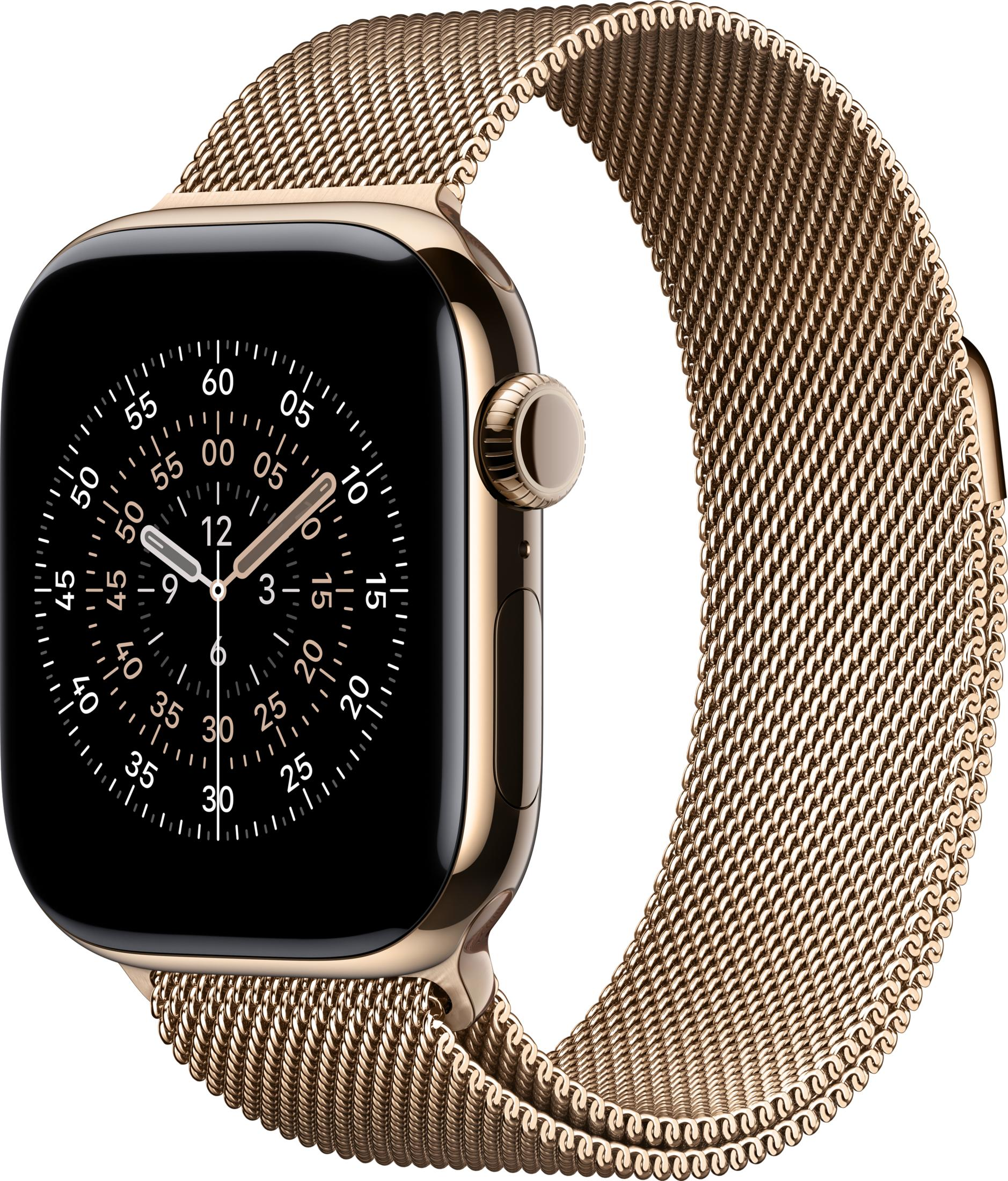 Złoty smartwatch z czarną tarczą i bransoletą mediolańską.