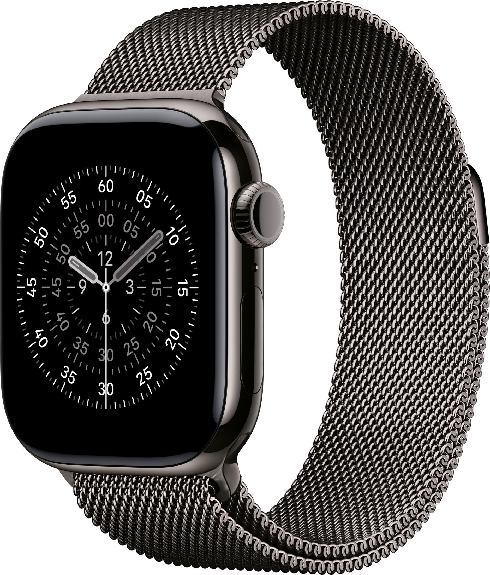 Czarny smartwatch z bransoletą mediolańską na białym tle.