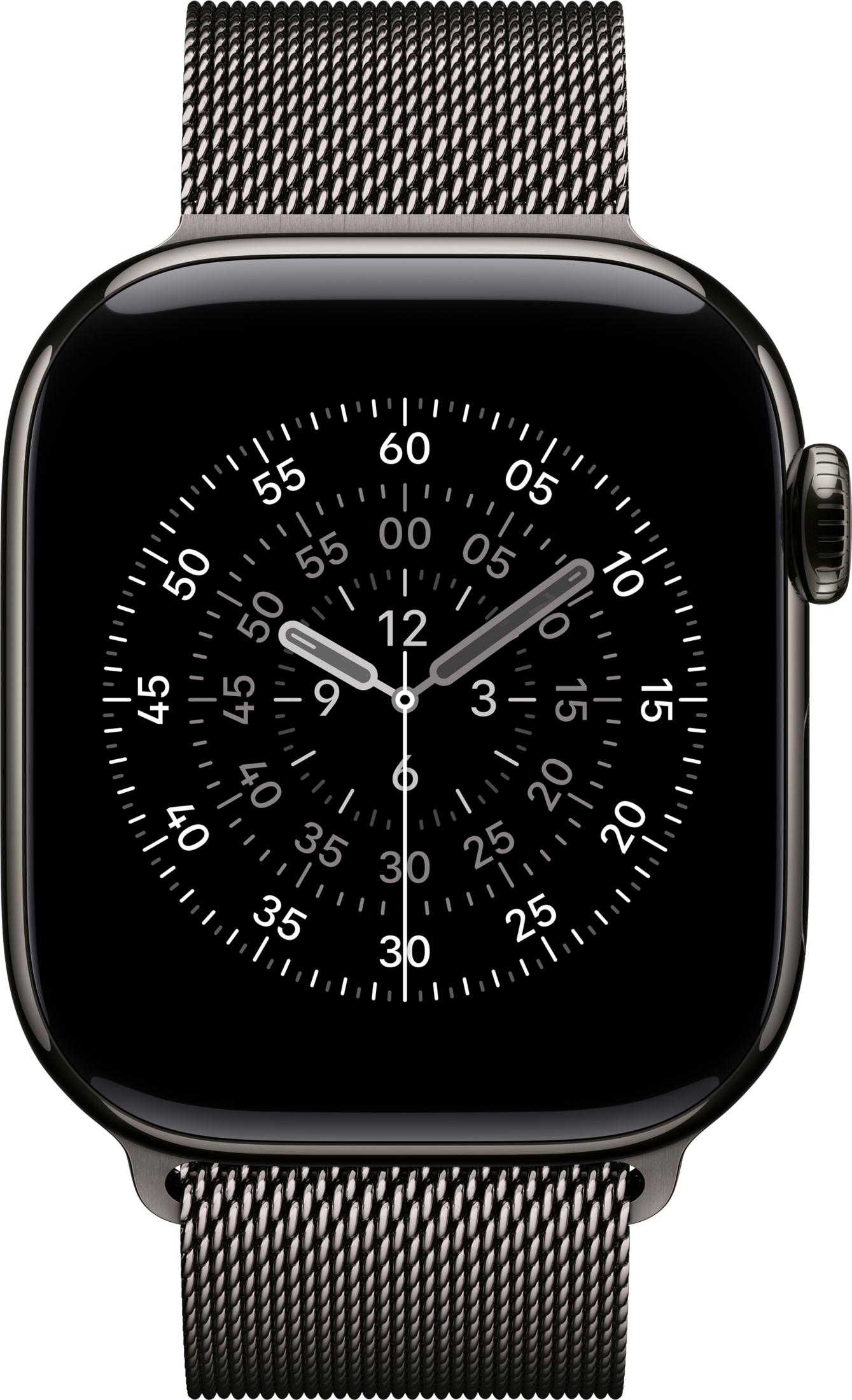 Czarny smartwatch z bransoletą mediolańską i tarczą analogową.