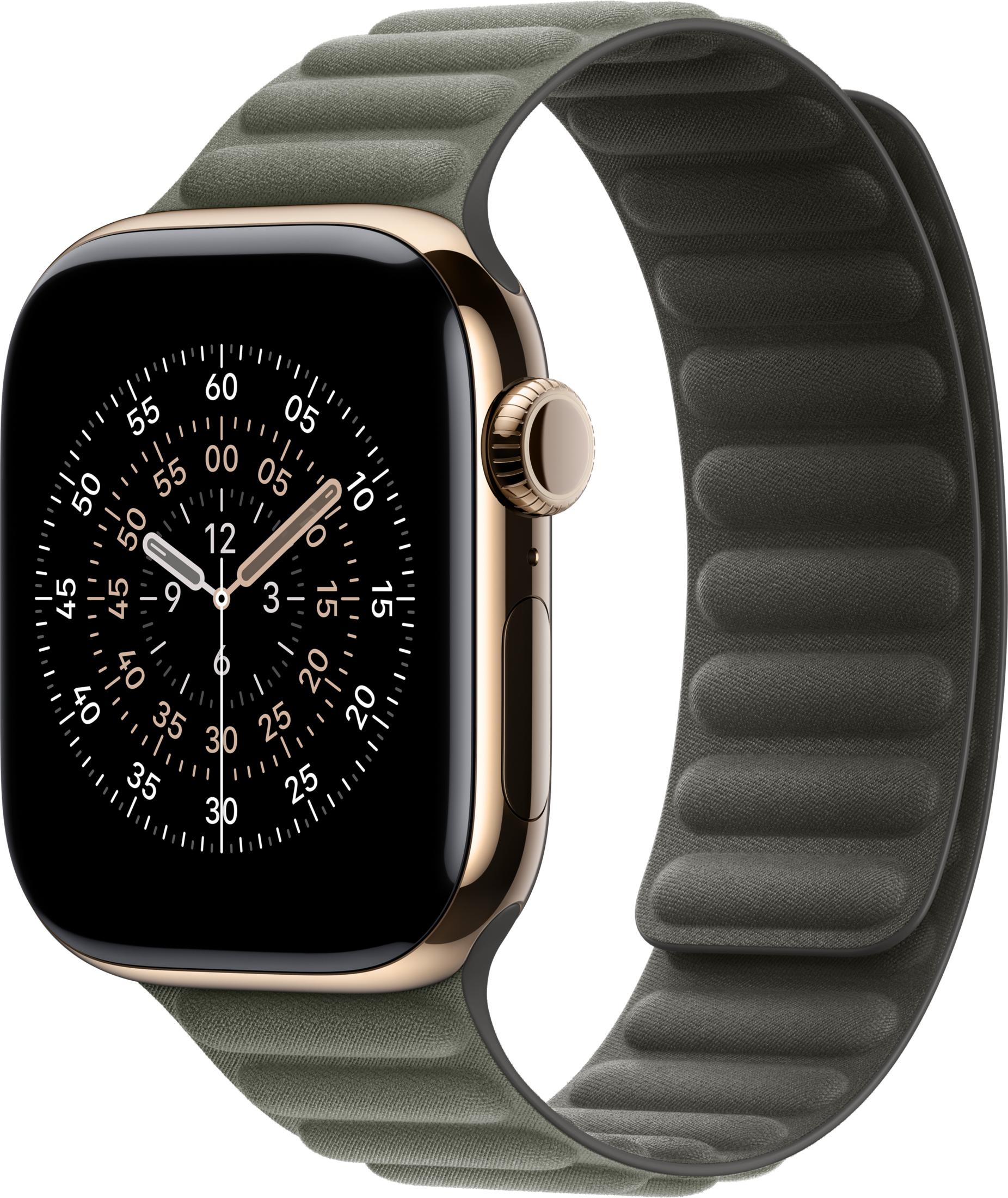 Uno smartwatch dorato con cinturino in tessuto grigio e quadrante nero.