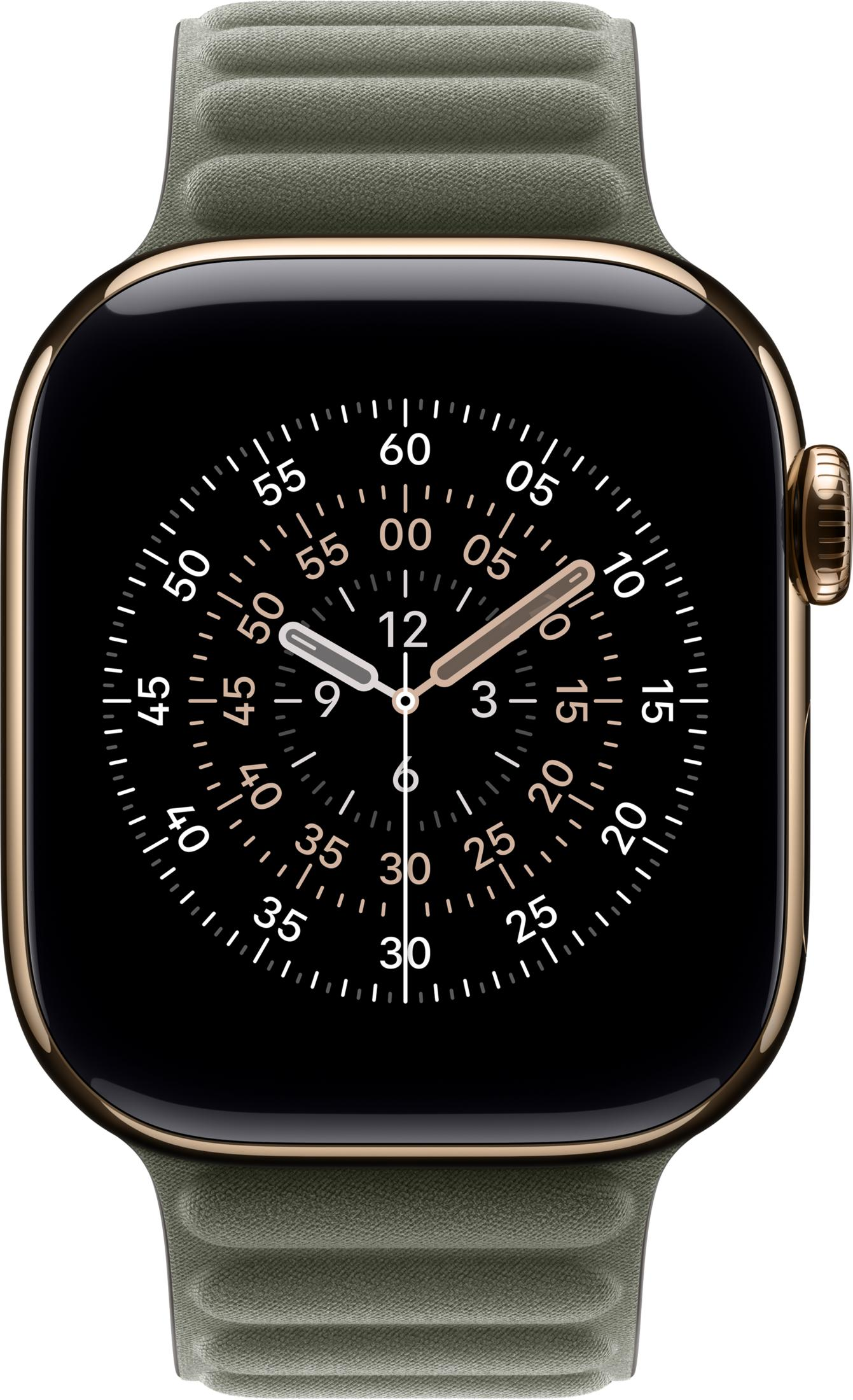 Uno smartwatch dorato con cinturino in tessuto verde e quadrante nero.