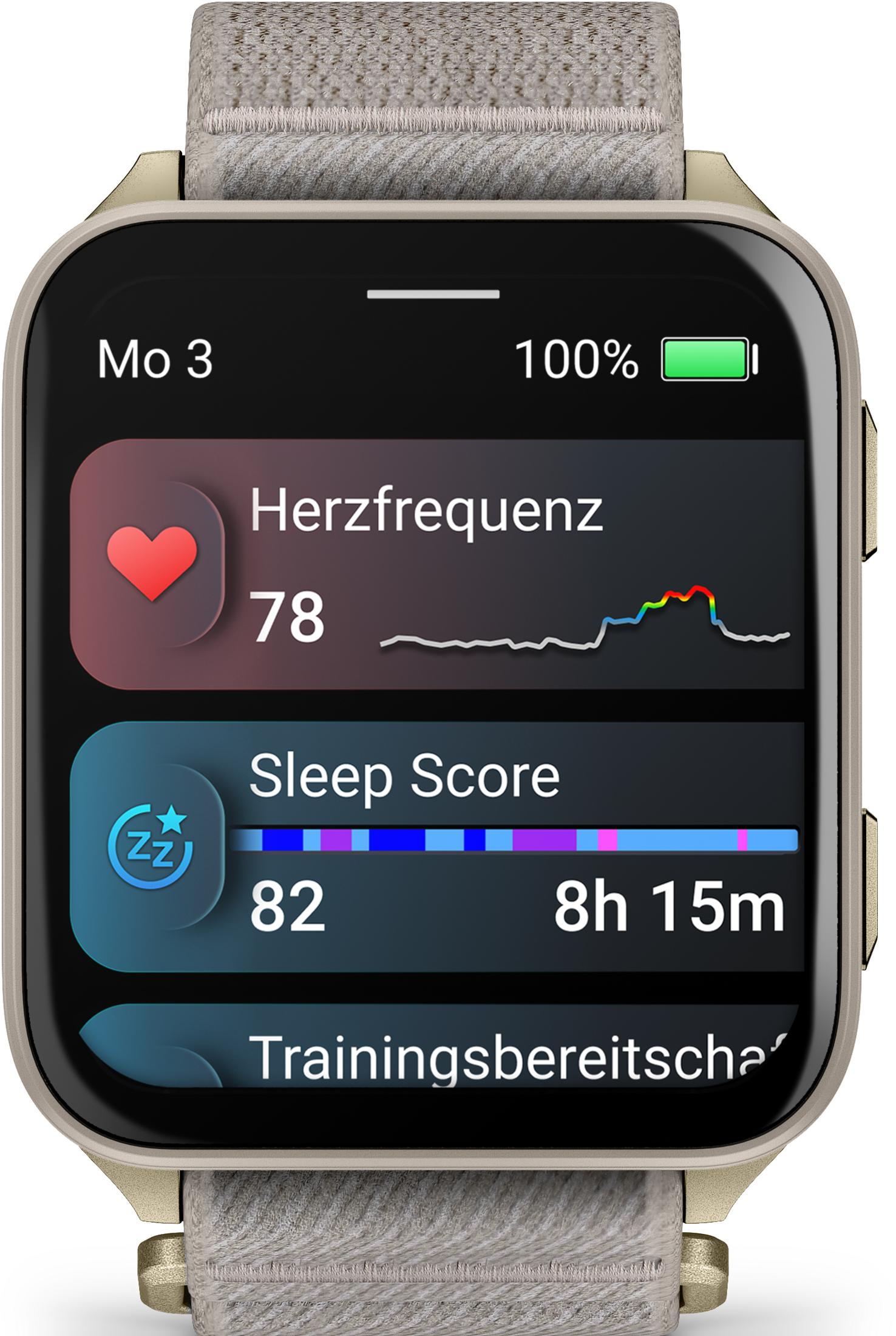 Smartwatch pokazuje tętno 78, wynik snu 82, 8h 15m.