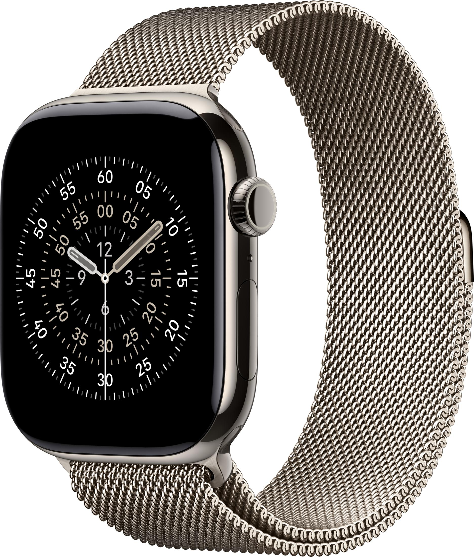 Srebrny smartwatch z paskiem mediolańskim i czarną tarczą.