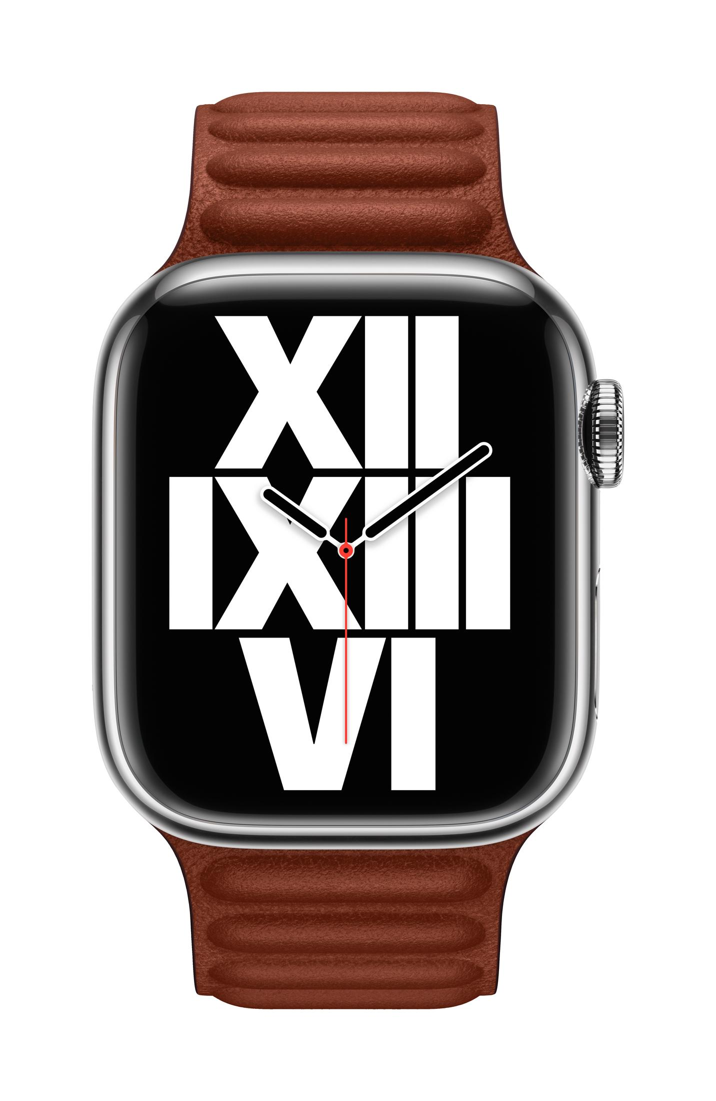 Silver smartwatch with brown leather band and black face displaying Roman numerals.