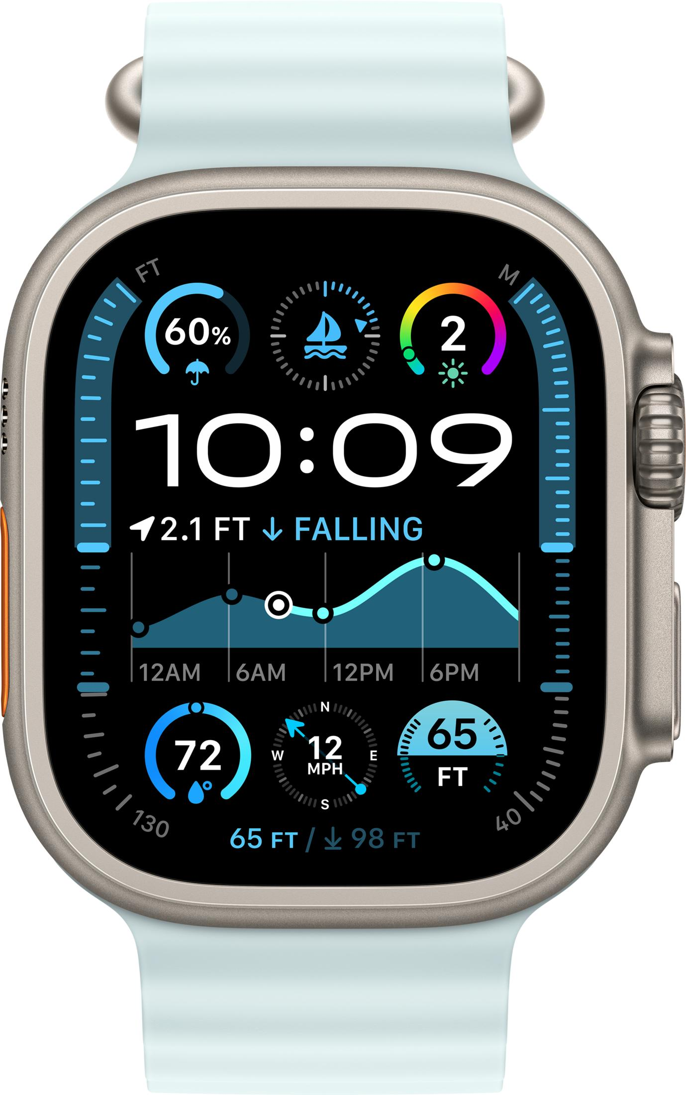 Jasnoniebieski smartwatch wyświetla 10:09, pogodę i dane o pływach.