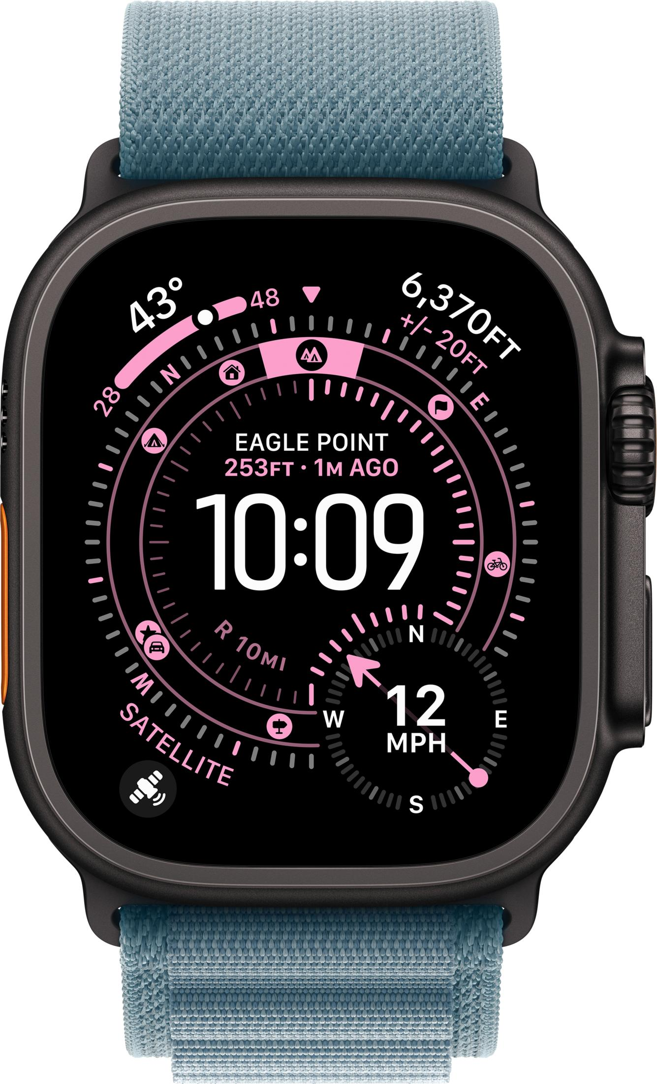 Smartwatch mostra 10:09, 43°, 12 MPH, 6.370 piedi e bussola.