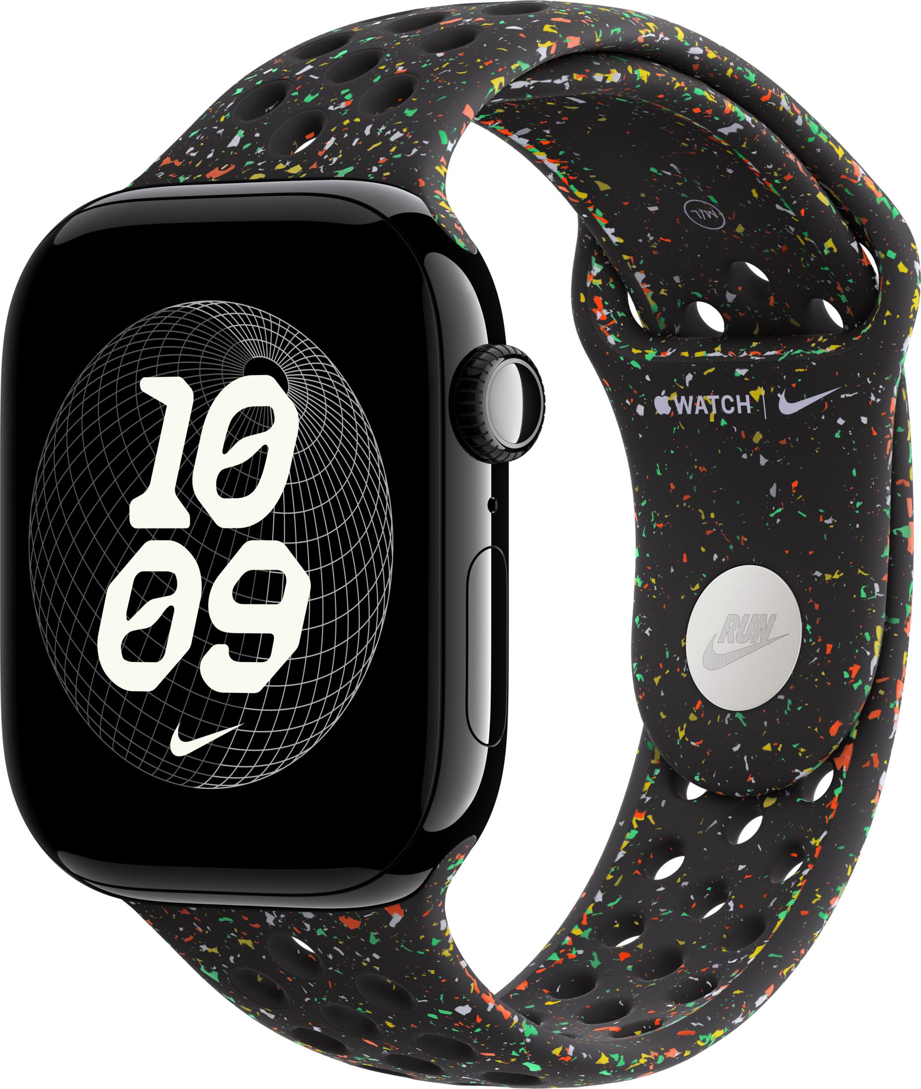 Schwarze Smartwatch mit buntem, gesprenkeltem Armband und Zifferblatt, das 10:09 anzeigt.