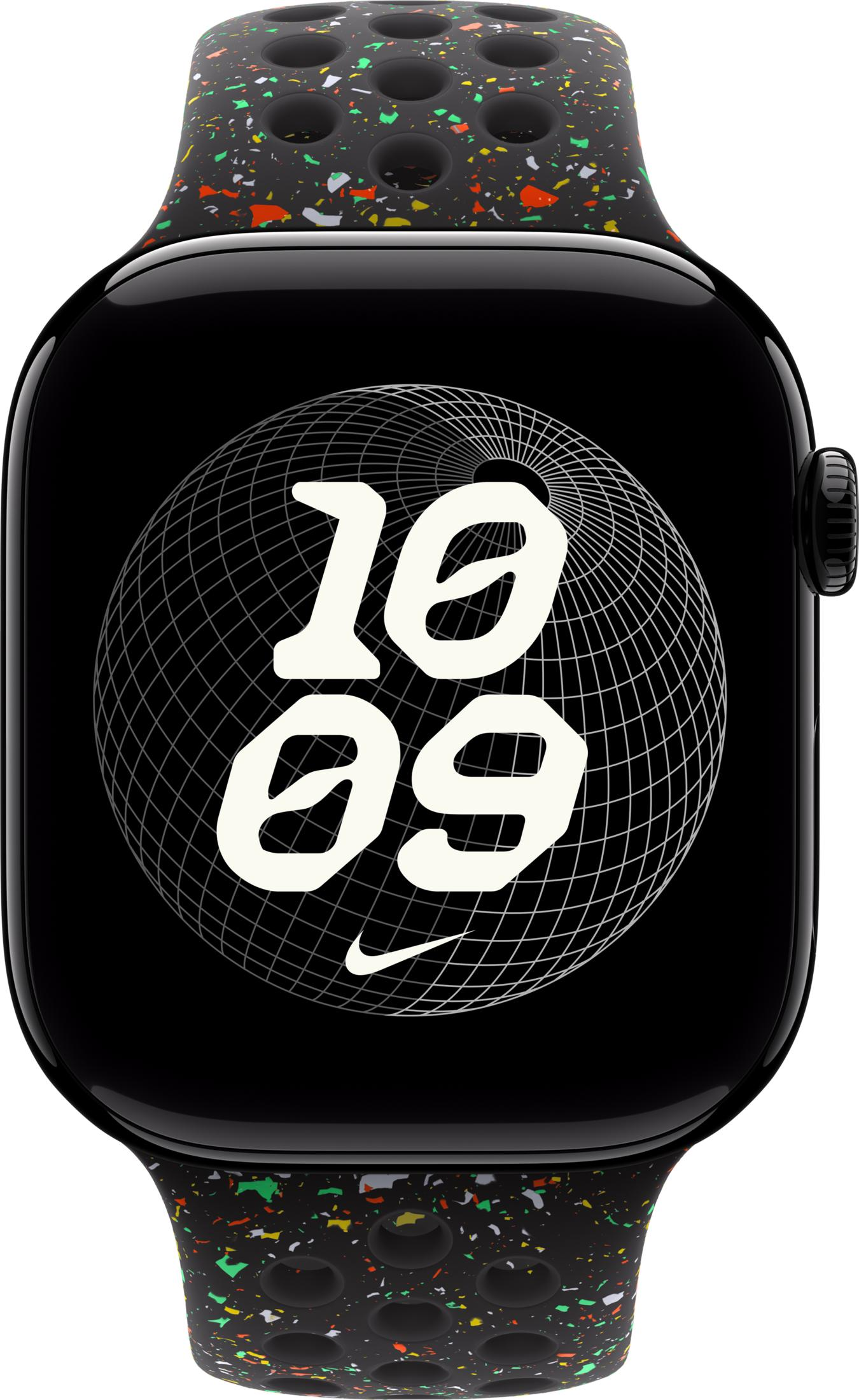 Schwarze Smartwatch mit buntem Armband und Zifferblatt.