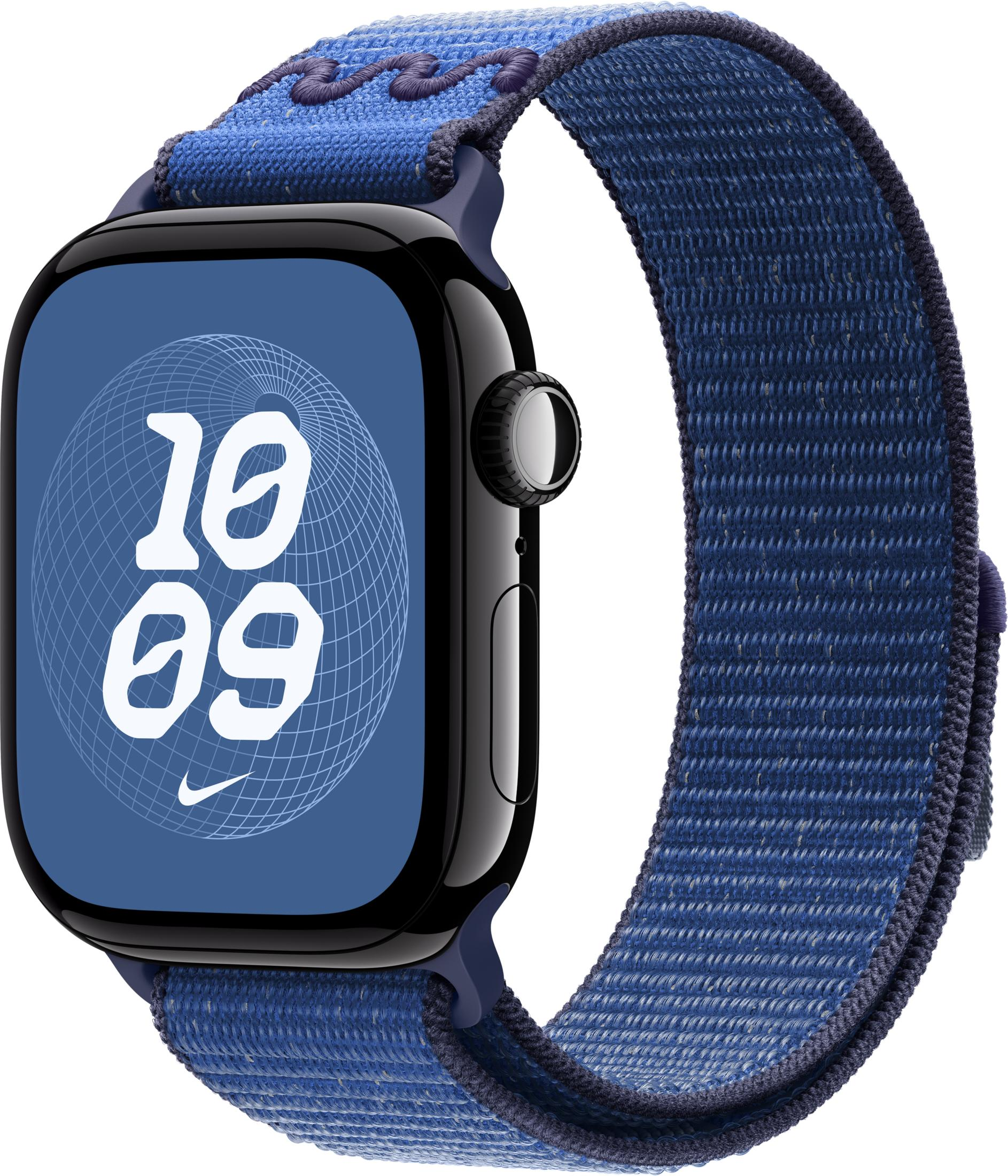 Une montre connectée noire avec bracelet et écran en tissu bleu.
