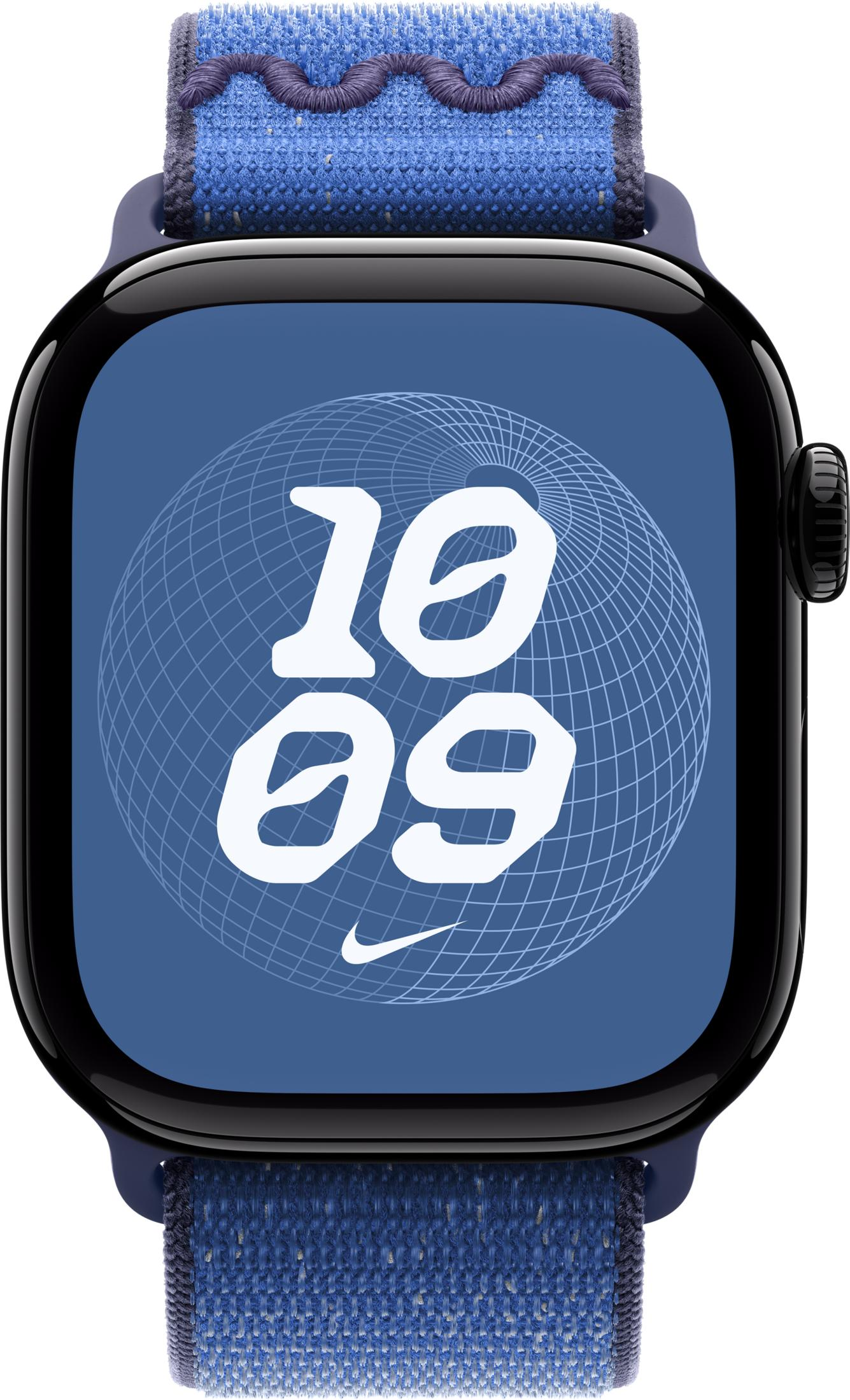 Une montre connectée noire avec bracelet bleu et cadran affichant un globe et l'heure 10:09.