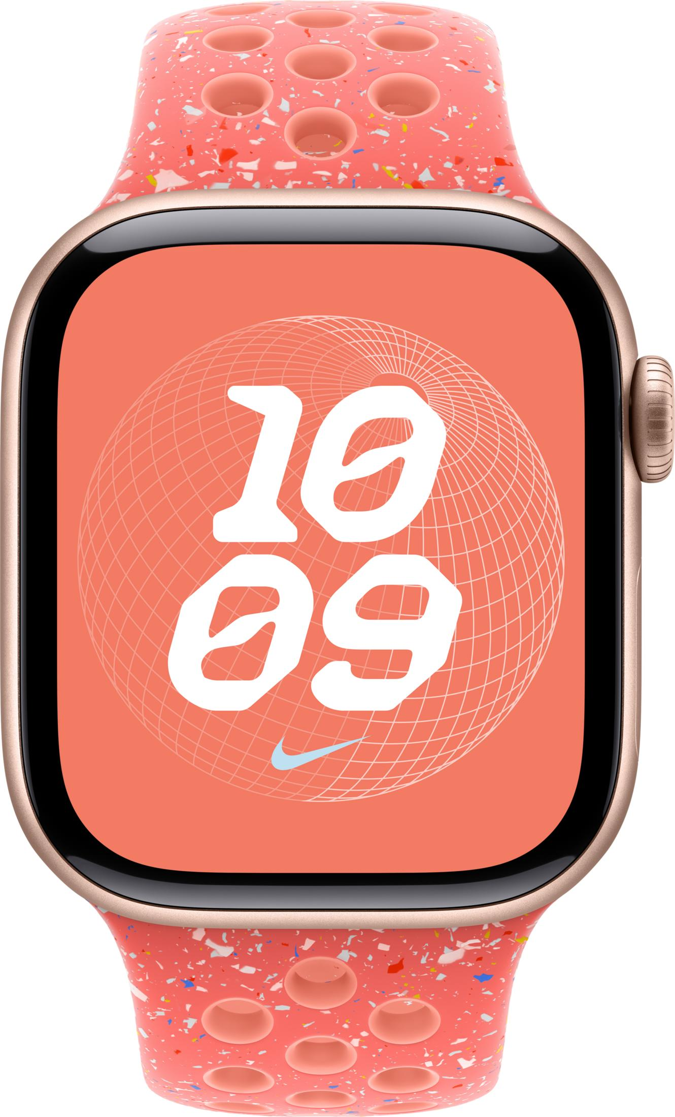 Różowy smartwatch wyświetlający "10 09" na ekranie.