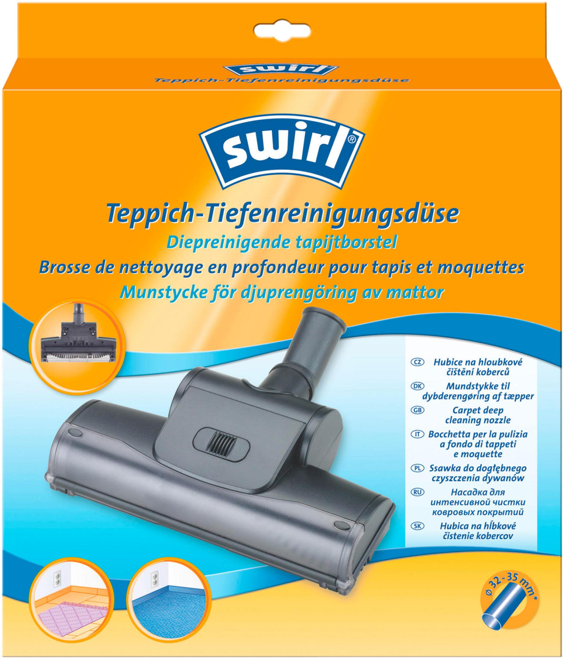 Bocchetta Swirl per pulizia profonda tappeti, con etichette multilingua.