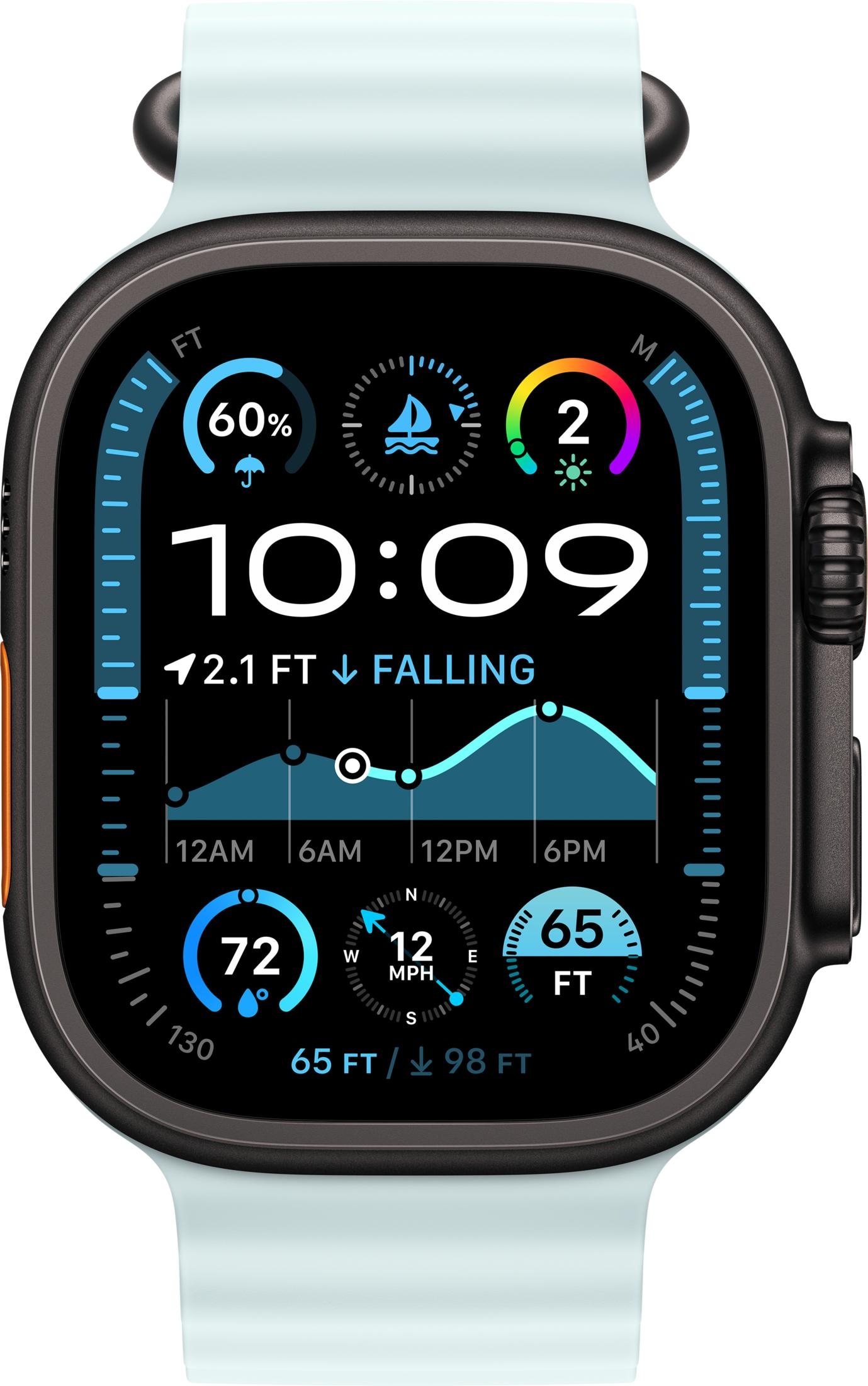 Smartwatch z jasnoniebieską bransoletą wyświetla 10:09, pogodę, wykres pływów i wiatr.