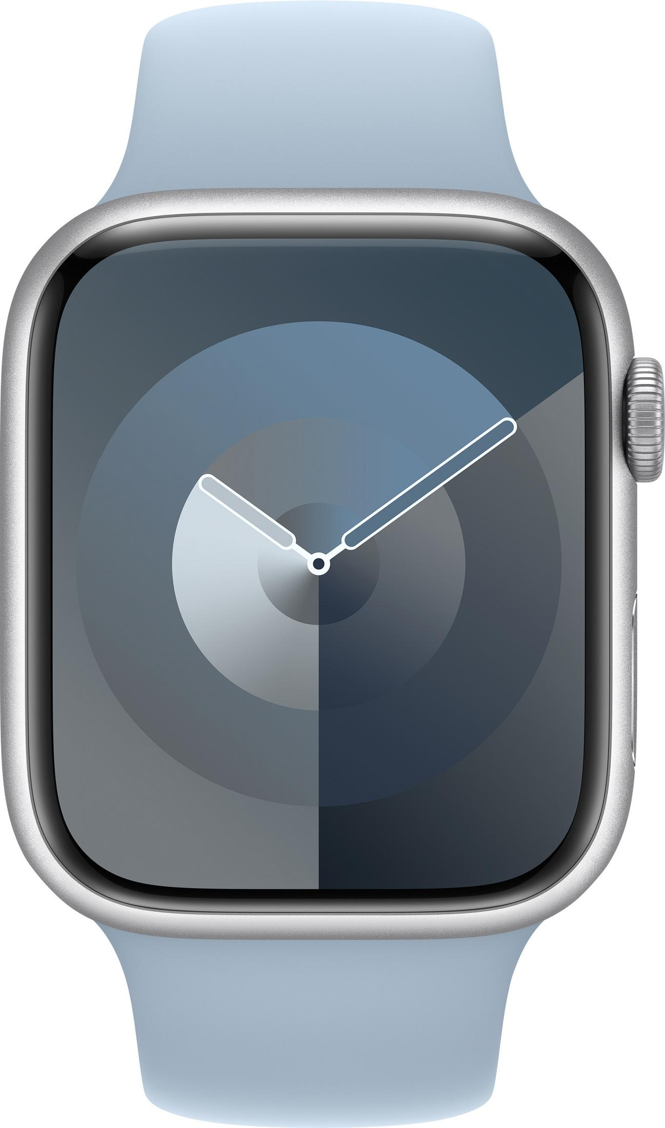 Eine silberne Smartwatch mit einem blauen Armband und einem grauen Zifferblatt.