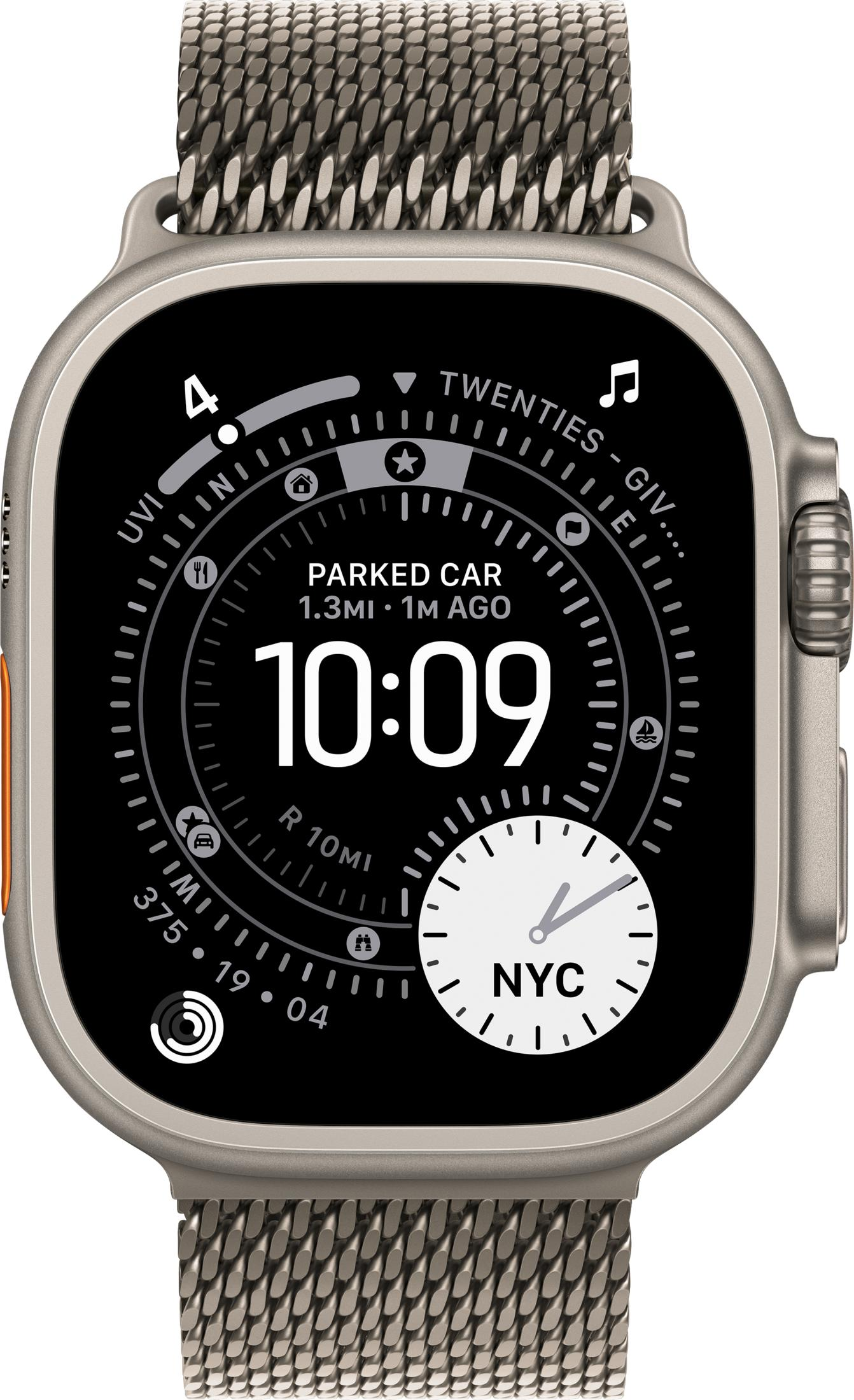Szary smartwatch z srebrną bransoletą mediolańską i czarną tarczą pokazującą 10:09.