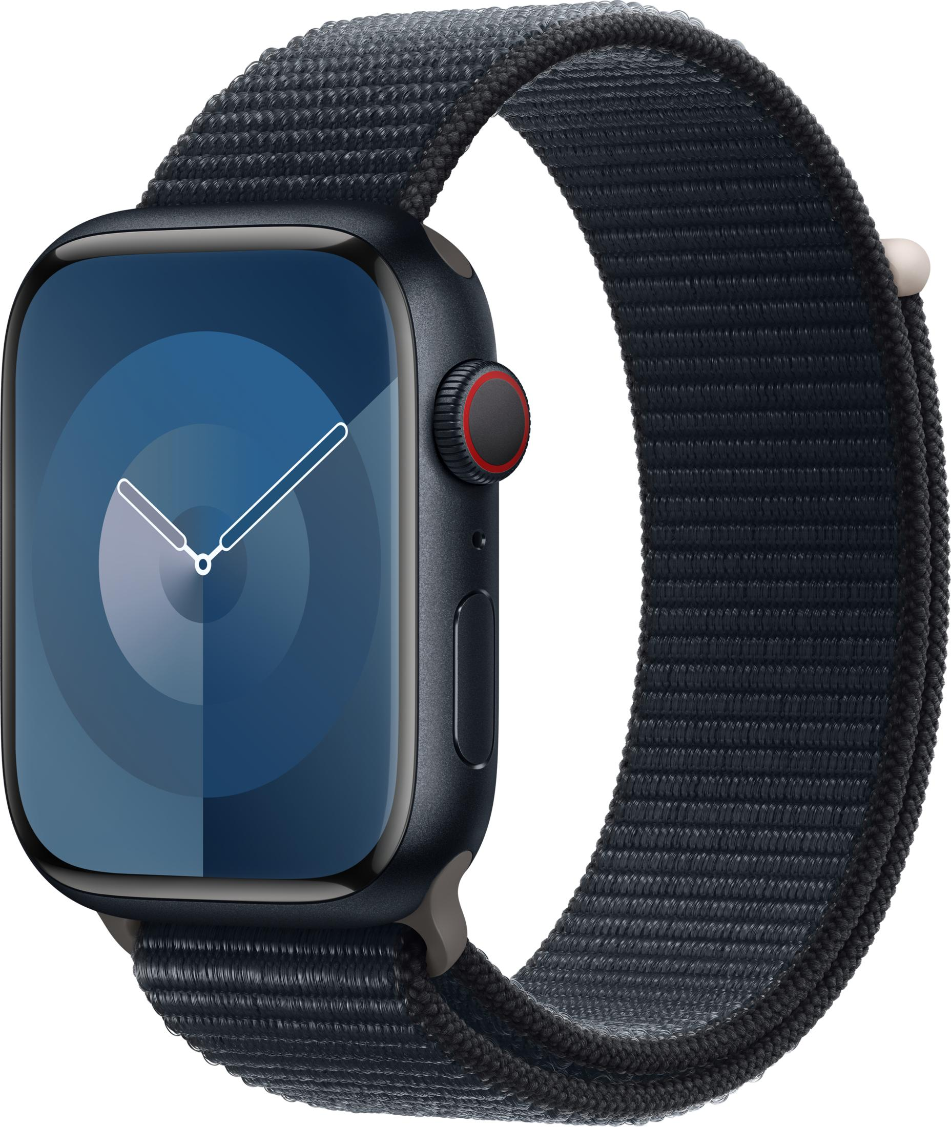 Eine dunkle Smartwatch mit einem blauen Zifferblatt und einem Stoffarmband.