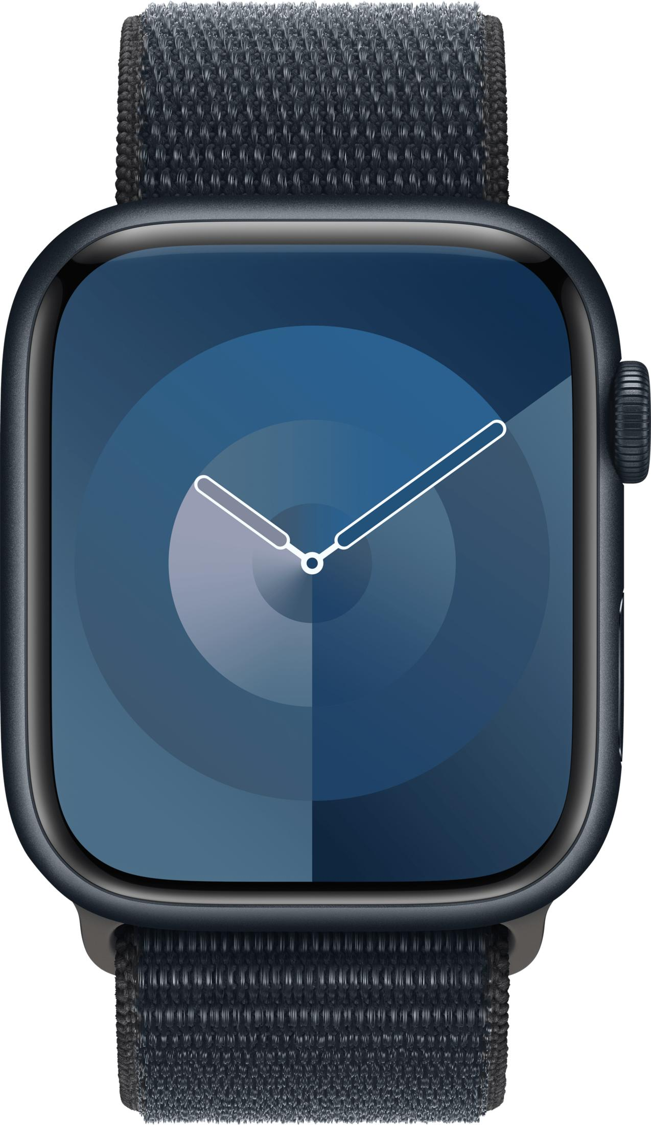 Eine Smartwatch mit dunklem Armband und blauem Zifferblatt mit Zeigern.