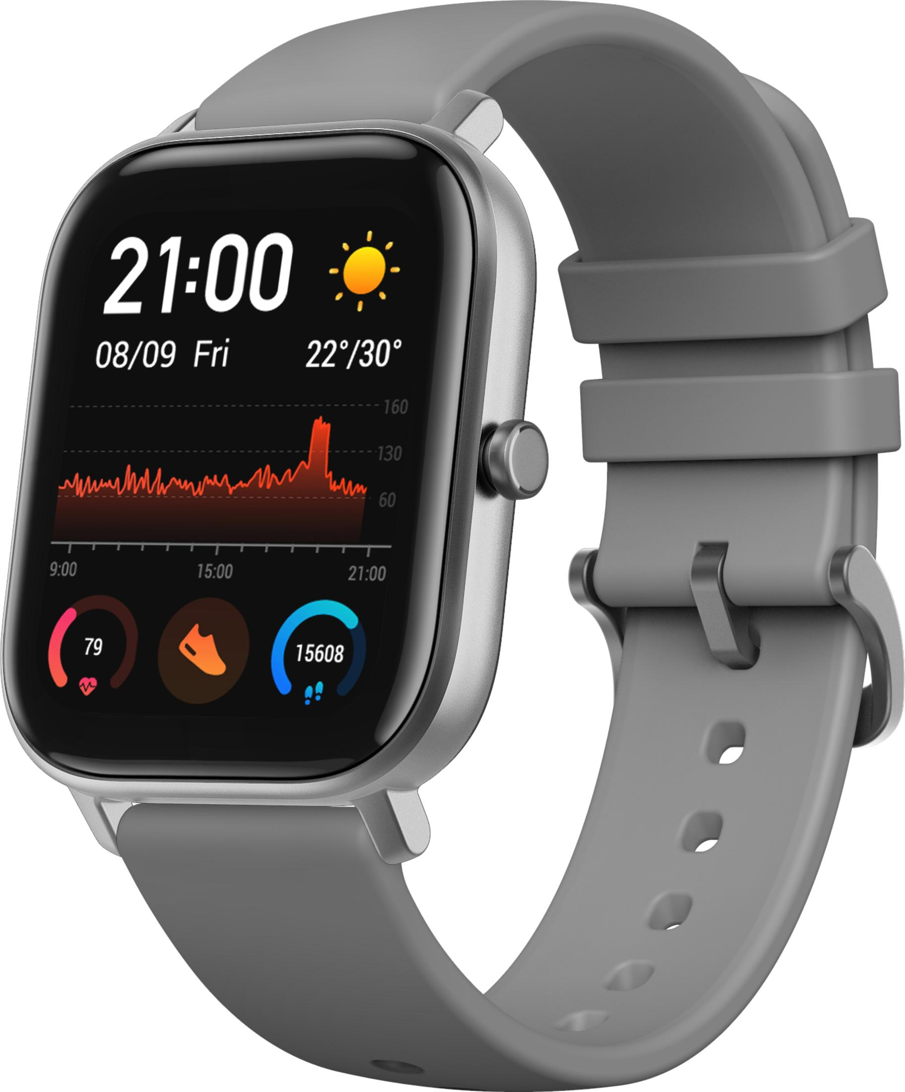 Smartwatch grigio: 21:00, 22/30 gradi, battito 79, passi 15608.