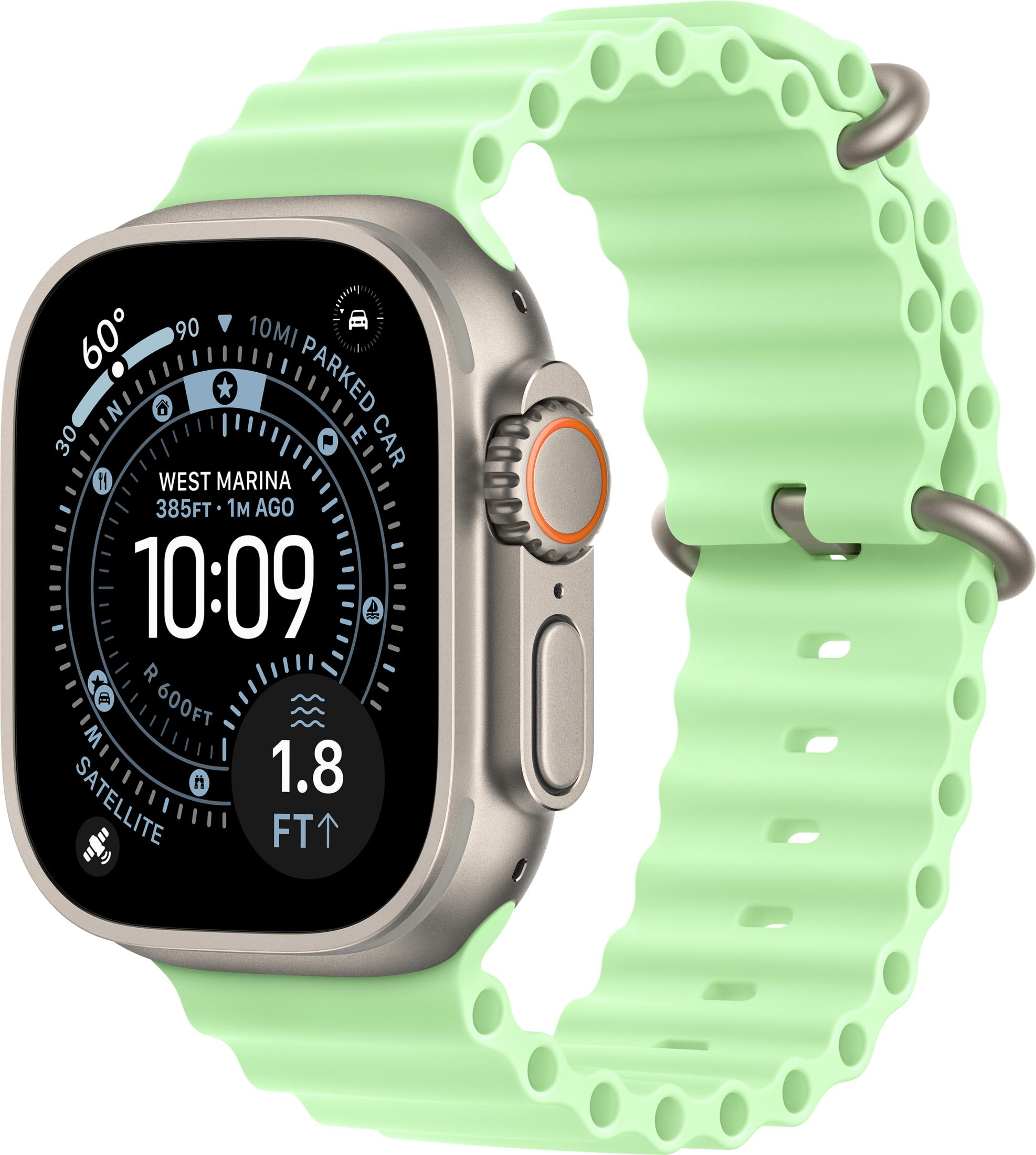 Uno smartwatch verde con cassa argentata e display digitale.