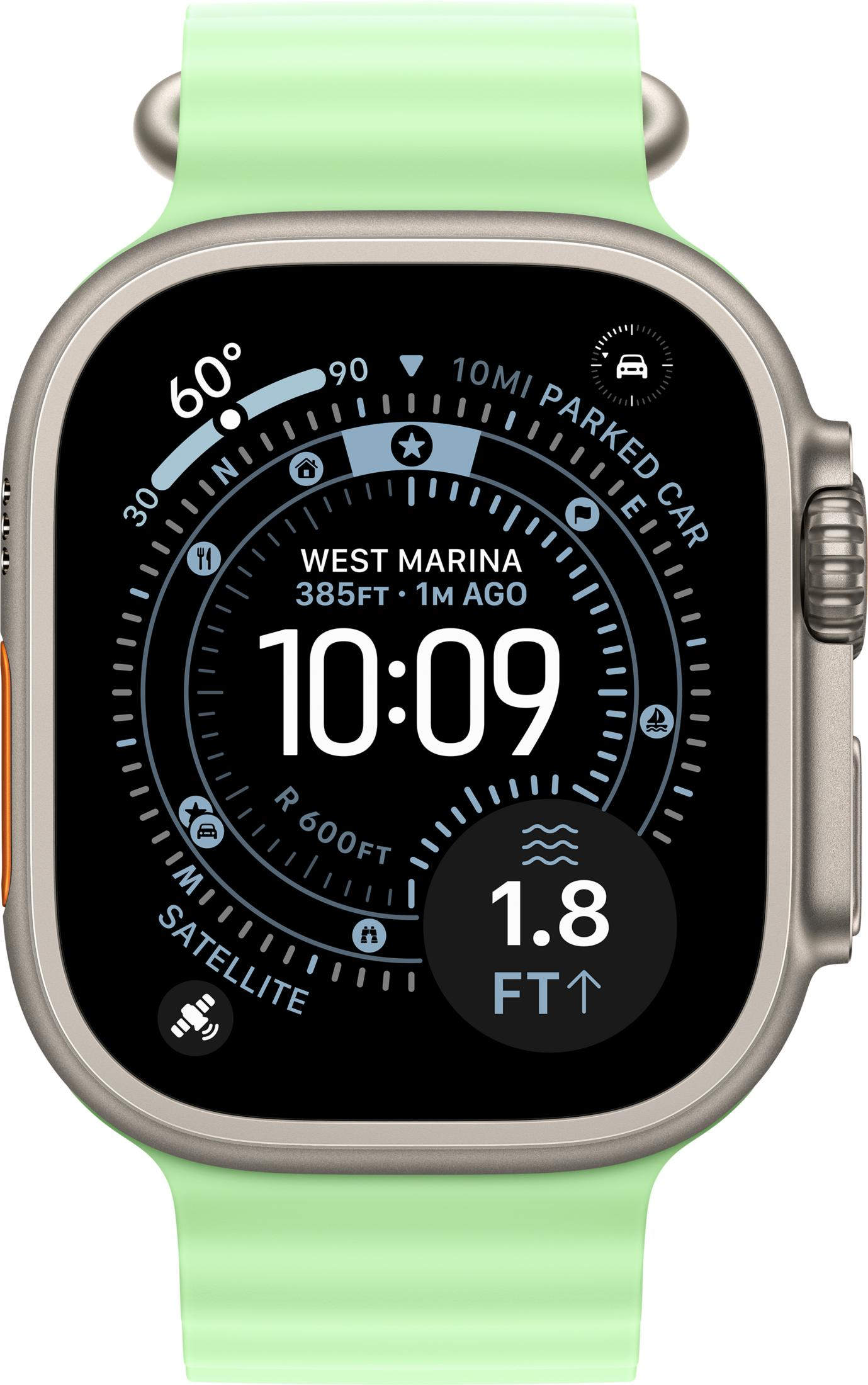 Uno smartwatch verde mostra 10:09, 60 gradi, West Marina, 385 piedi, altitudine 1,8 piedi.